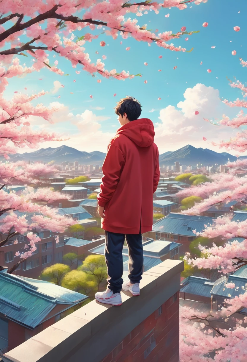 High school boy standing on the roof,Looking down on the schoolyard from the roof of a high school building,A male high school student wearing a hoodie standing on the roof,Cherry blossoms blooming in the schoolyard,blurred background,卒業に相応しい感傷的でFantasyな光景,spring,Cherry tree in full bloom,Scattering cherry blossom petals,today、My favorite senior is graduating,farewell,sadness,dream-like,Fantasy,Intricate details,Color illustrations,Zentangle Elements,rendering,colorful,colorfulな呪文を唱える,Wide range of colors,Intricate details,rendering,,masterpiece,最高masterpiece,highest quality,Beautiful light and shadow,