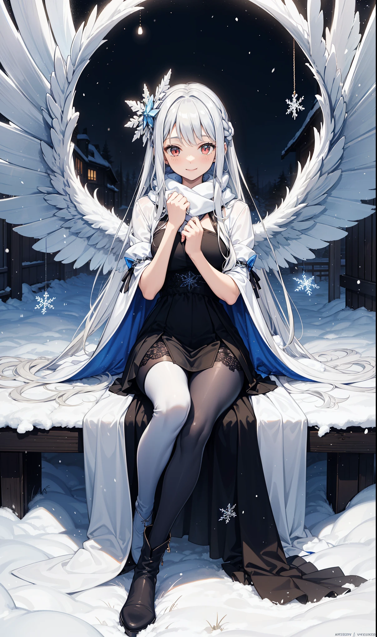 girl,Smile,in love,Moderate,(Black and white hollow dress long dress winter skirt),Translucent clothing,holy,Colorful transparent skirt,beautiful pattern,sky blue pattern,snowy night,Transparent lace,Dress nicely,The only person,Special hairstyle,Mythical courtyard,(night:1.1),blizzard,(Snowflakes flying),(Black long sling boots:1.1),Pantyhose,Delicate and beautiful face,Sitting,Playing in the snow,Red Eyes, Frosty white hair,Warm down,a scarf around the neck