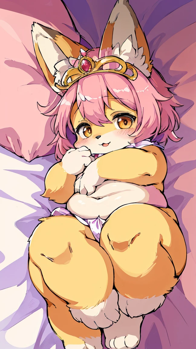 Furry, furry kemono, female fox furry, cute, big ear, chubby, cute little baby, pink and coloured hair, fluffy gold and pink coloured tail, maid outfit , laying on bed leisurely, luxury, a luxurious tiara, in a kingdom, (((masterpiece))), (((best quality: 1,4)))