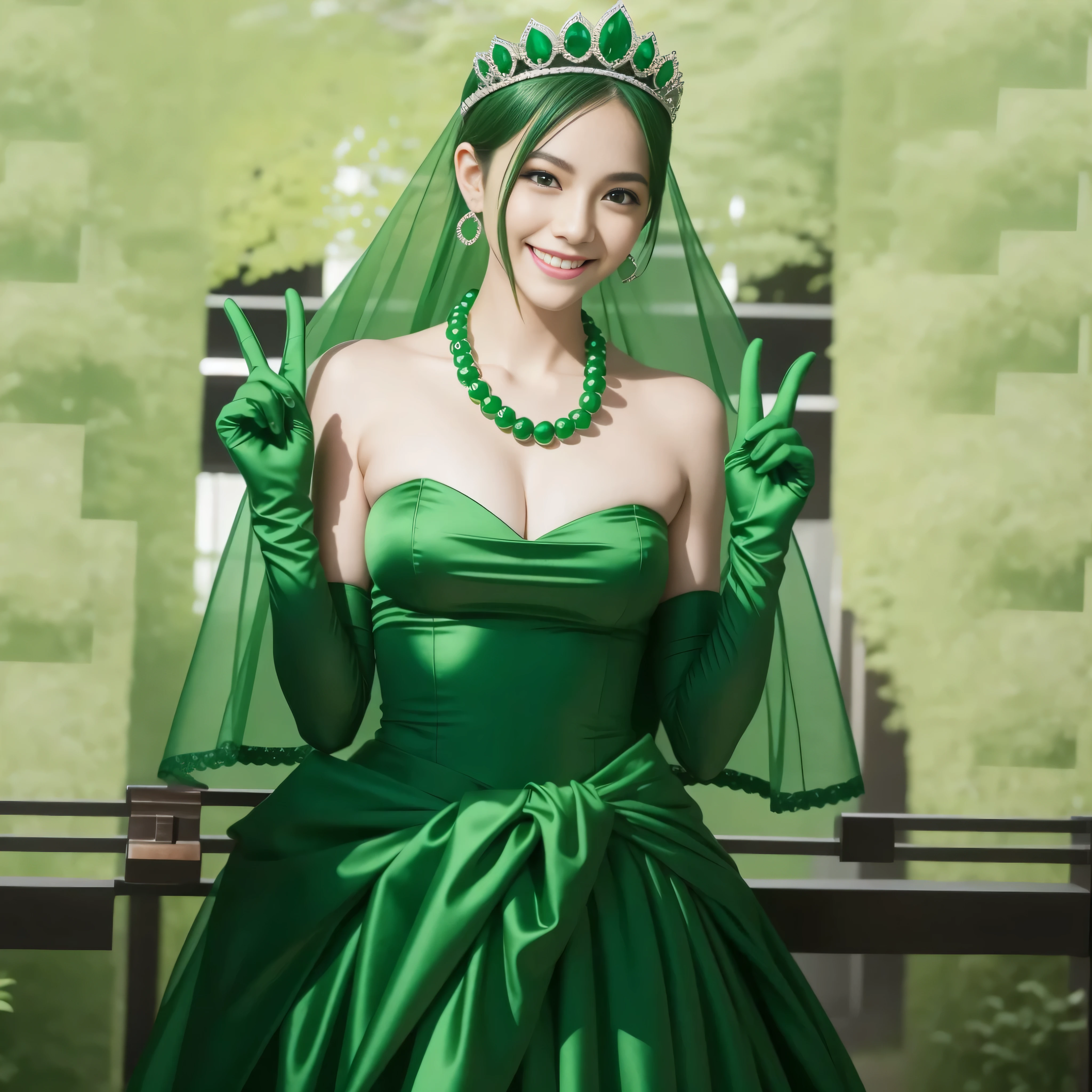 Emerald tiara, Green Pearl Necklace, Boyish very short green hair, lipstick, Smiling Japanese woman, Very short hair, Big tits beautiful, Green Eyes, Long green satin gloves, Green Eyes, emerald earrings, Green Veil, v sign