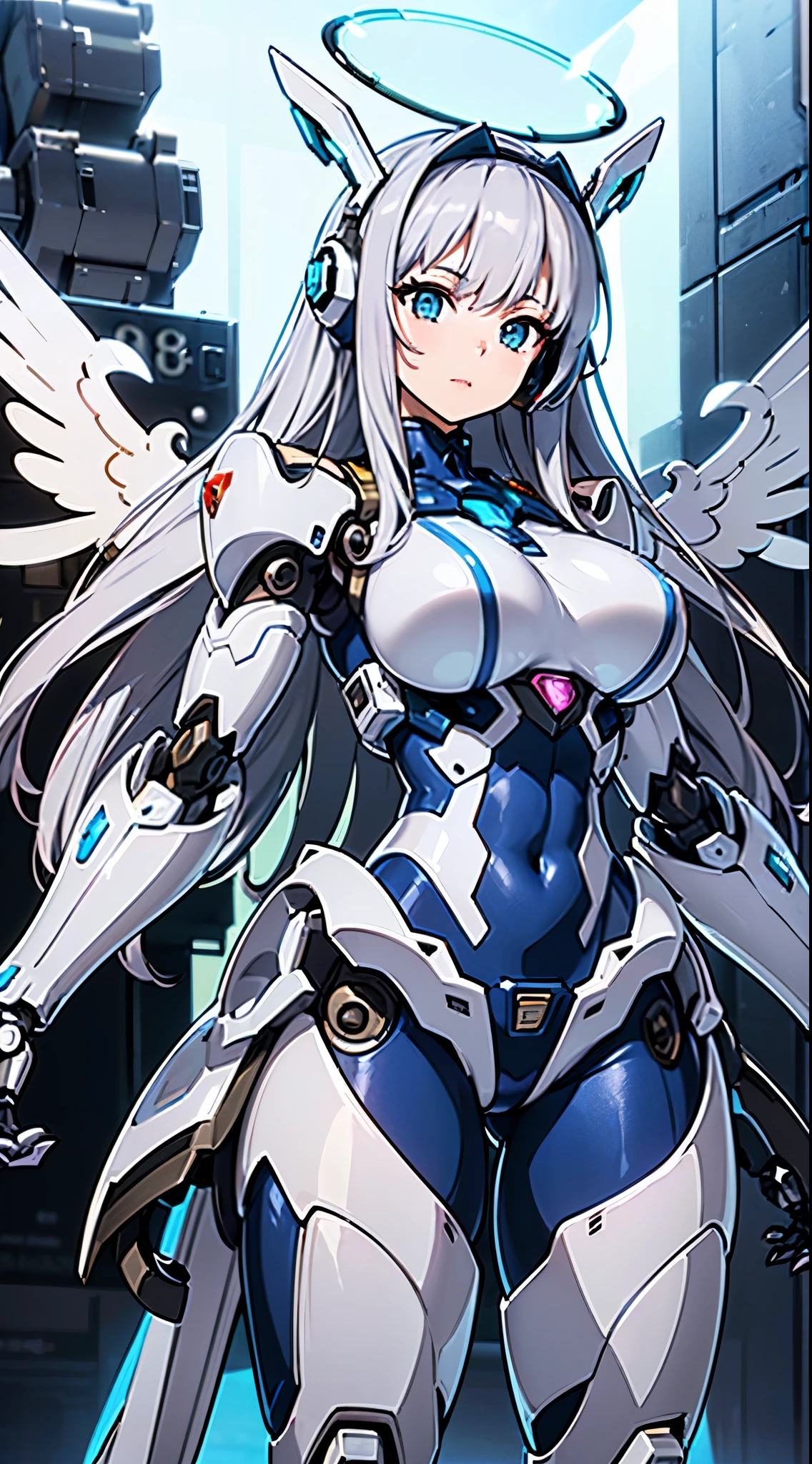 ((Shining lenses on both breasts:1.3))、((A blue pillar of light shines from both of his chests.:1.3))、(Dynamic pose:1.3)、smile、((8k)), ((32k)), ((highest quality)), ((masterpiece)), ((超A high resolution)), ((Tmasterpiece)), ((halo:1.4))、((Mechaニカルheadgear:1.2))、((Cyber Headphones:1.3))Fine skin, High-quality fabric, Fine metal texture、((Beautiful and dense face))、RAW Photos、Professional, Ultra-fine painting, ((alone)), Beautiful breasts、highest quality, Very detailed, Very detailed詳細, Finer details, so beautiful, ((Princess Knight Robot:1.2)), (Joints of machines, Mechanical Limbs:1.3), (The internal structure of the machine is exposed:1.3), (Long silver hair:1.1), (Beautiful and huge mechanical breasts)、White Veil, cowboy_shot, Side Focus, headgear, Shiny、(Five Fingers, Four fingers and a thumb),Concept Art, Anime fantasy artwork, Detailed fantasy art, (with pale blue-violet hair and large white wings,,,,,), (((Long silver hair))), (Mecha:1.6)、Sleek and intimidating design, ((Commander-in-Chief'arm)), (Perfect robot body)、Pure white and blue-purple armor, symmetrical wings, 8k high quality detailed art, 3D rendering of character art in 8k, neat legs, Defined, Defined fingers,((headshot:1.3))