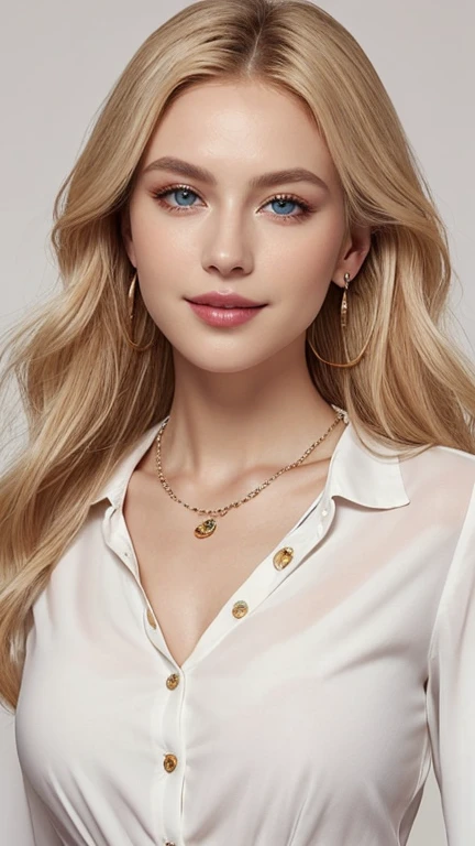 1 29 year old blonde woman with long hair posing for a picture, Beautiful blonde woman, beautiful blonde woman, Charming smile, Beautiful, well-cared for blonde, 8K Soft Portrait, Smooth blond woman, (Slim figure top model), breast enhancement, (Blonde Swedish woman), (Blonde eyebrows), Glossy long blonde hair, (amber color eyes brillantes), (pupils are open), (Thick lips), (A photo from the chest up), (A person in the center left and right, The whole head is shown:1.1), (White button blouse:1.3), (A very simple necklace and very simple earrings), Perfect Makeup