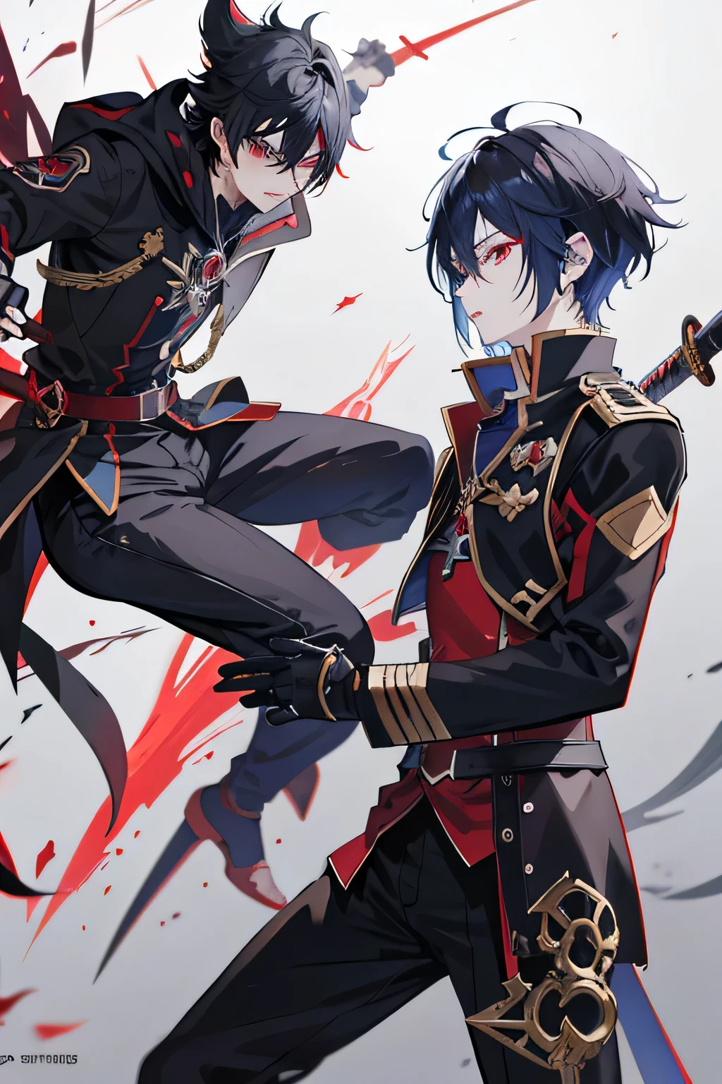 Anime boy fighting with a sword, shadow young wizard, Epic anime style, anime key artโดยละเอียด, Shadowverse style, Fantasy style anime, devil man, anime key art, Red eyes, black hair, commander's uniform,Fencing