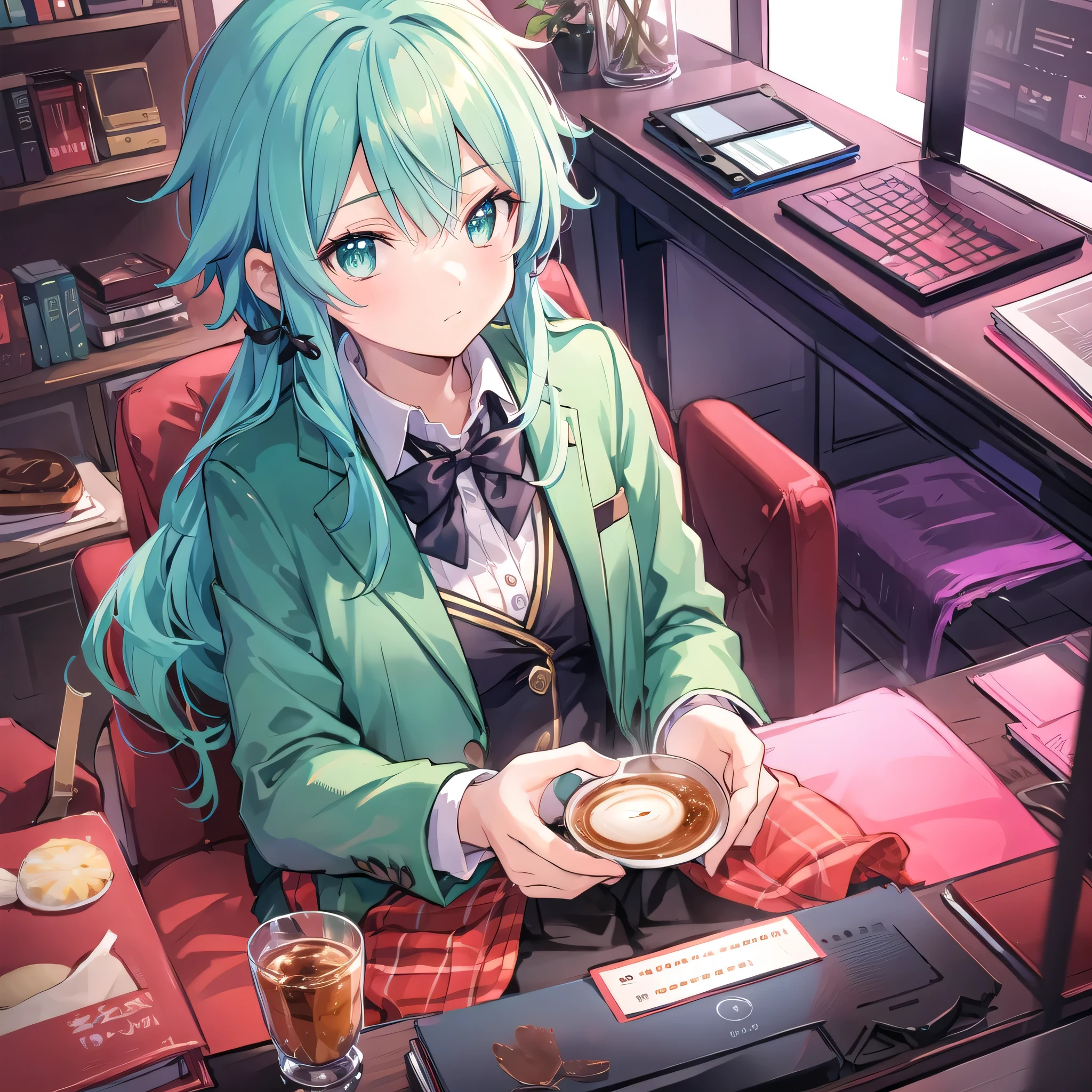((POV, sitting on sofa,  )), (((sinon,     Blazer ))), serving coffee, toast, desk, 