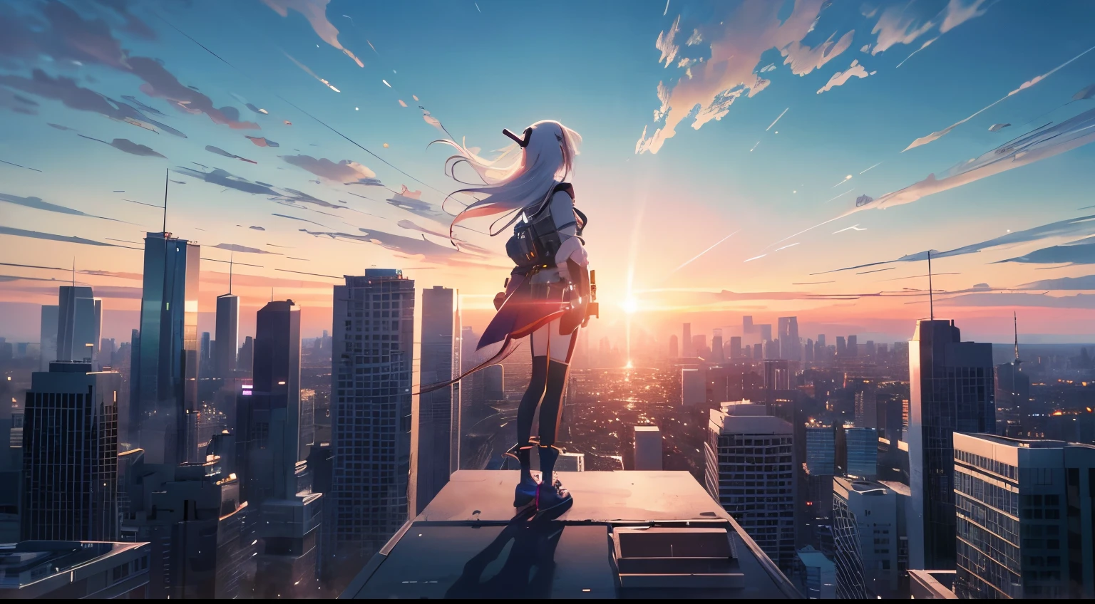 Illustrations highlighting characters、Cyber City, (A girl standing on the roof of a building and looking up), Back view, (rising sun), absurdres, highres, (official art, beautiful and aesthetic:1.2), close view, shining sky, vast world, girl, Wear headphones, gazing, awe-inspiring expression, distant horizon, clouds, high hill, natural beauty, inspiration, light effects,