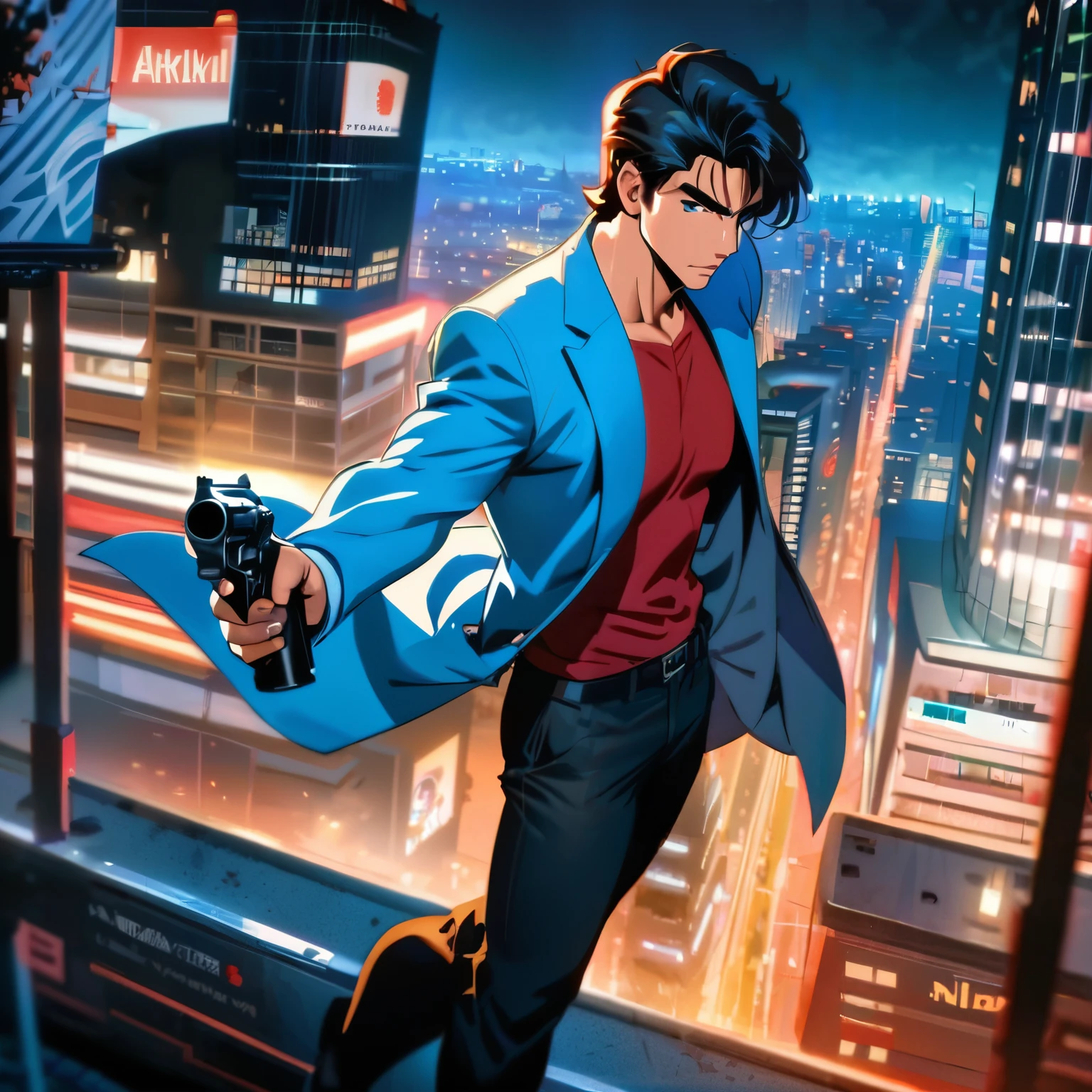 (best quality,8k,highres, masterpiece:1.2), ultra-detailed, HDR, UHD, studio lighting, ultra-fine painting, sharp focus, physically-based rendering, extreme detail description, professional, vivid colors,concept artists, warm color palette, dramatic lighting,1 man,(light blue jacket, red T-shirt, black pants),black short hair style,muscular physique, standing on a rooftop, (holding a revolver in one hand), A military helicopter flying in close proximity to him passes by side, Shinjuku, Tokyo, Japan at night,The intricate and delicate building district of Shinjuku can be seen at his feet, a distant view,(anime style),City Hunter,Tsukasa Houjou,side view,wide view,full body,