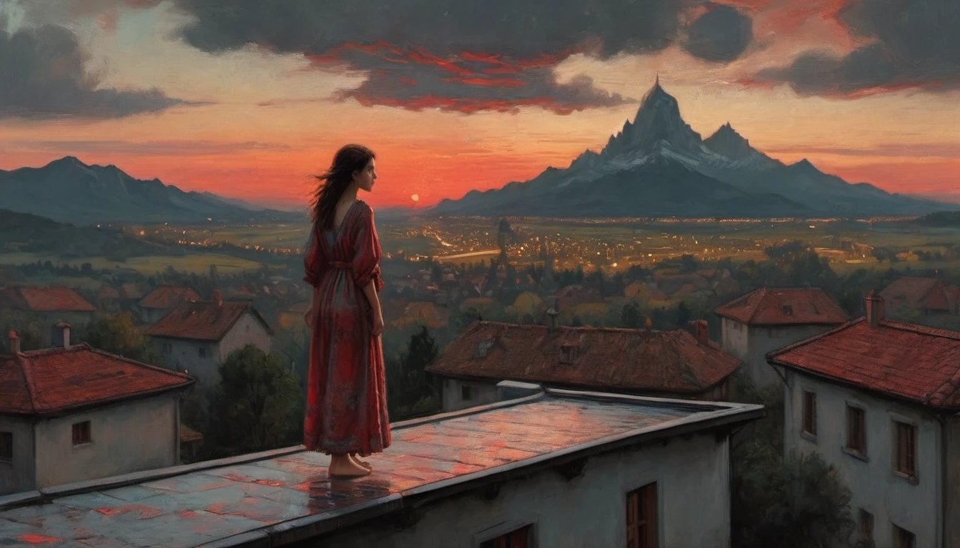((top view, front): a sleepwalking girl in a thin nightgown, walking on the roof of a house, balancing horizontally with her arms apart, night, a dark crimson sunset on the horizon, ((created in the style of Albrecht Altdorfer)), Renaissance, dot drawing, ((knife for oil painting)), gradient from rain, complex details, intricacy, aesthetics, ((the best quality, masterpiece)),
((Highest detail), Octane rendering, 8K