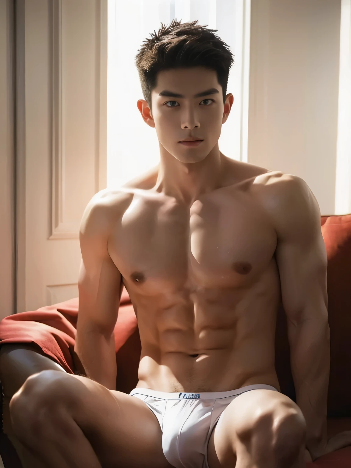 Chinese male actor in a briefs, handsome Chinese guy, handsome man, Full Body Shoot, photoshoot, portrait, studio lighting, look at camera, detailed facial parts, Manly, Charmer, Active Boy, sitting on sofa, opened leg, anguished expression, perfect anatomy, symmetric body, asian boy 30years old, shirtless :: high detail, asian, a little six packs attractive body, realistic, human skin, Short Hairstyle, handsome chad chin, shirtless, handsome, attractive, slightly muscular man, masculine, attractive, human skin, (eyes contact), Handsome, Attractive, bulge in briefs