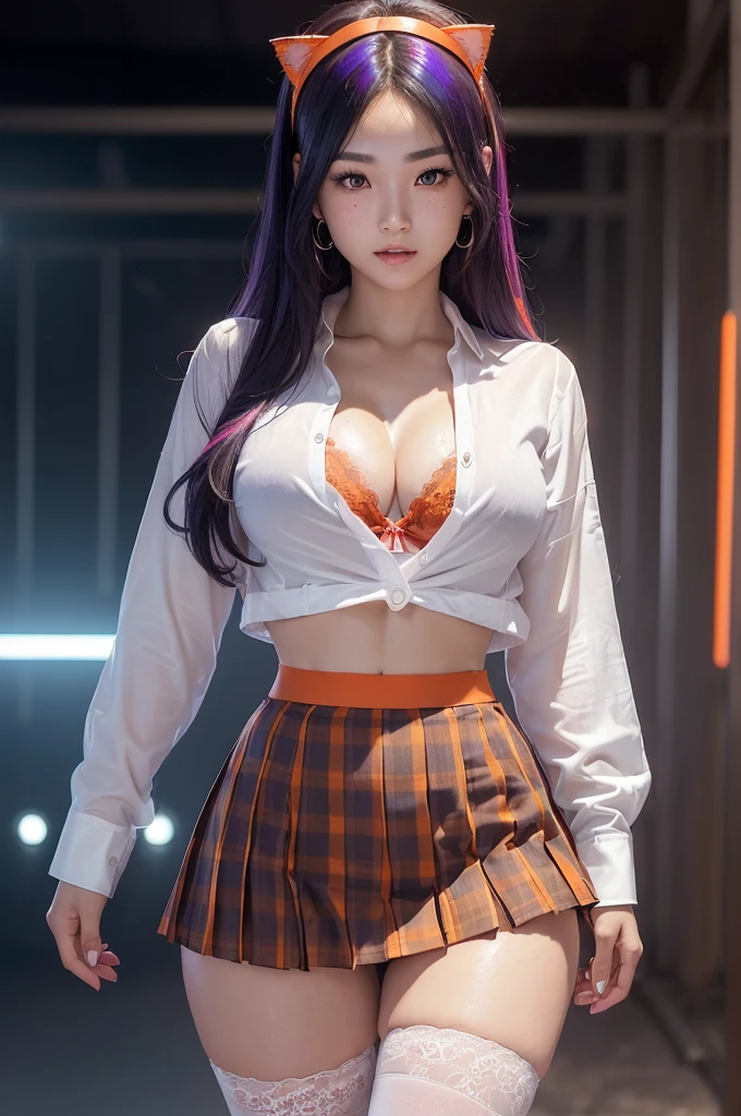Pretty Asian girl, idol, extremely detailed CG, 8K High Quality, (hyper realistic), Depth of field, Cinematic Light, Lens Flare, Ray tracing, beautiful lips, lots of cute soft freckles, beautiful eyes, intricate detail face, ultra detailed skin, 1girl, beautiful detailed eyes, seductive sharp eyes, (charming smile: 1.2), smooth white skin, in the dark, deep shadow, front shot, face forward, big eyes, ((dark brown eyes)), random position, pale skin, (((flashy rainbow multicolored hair, orange eyebrows))), thin waist, thin legs, very small perky breasts, detailed cleavage, looking at viewer, tattoos, wear low waist tartan skirt, tight top that matches skirt, (wear high thighs stockings with hangers from under her skirt), ((wide gap between thighs:1.6), (full figure:0.9)), hips up, wear cat ears headband, earrings, piercings, navel piercing, jewelry, lots bracelets), ((inside a rave club with people)), (Intense sex appeal of young women), small shoulders, Double Eyelids, very large crotch gap, (micro mini skirt:1.2), makeup, cosplay, ((navy blue school uniform)), (unbuttoned a white (long shirt) revealing red lace bra: 1.3)), breasts pushing against her bra,
An Asian girl, exhibiting idol-like features, emerges from the depths of shadow in an extremely detailed CG Unity 8K wallpaper. Her beautifully sculpted face boasts intricate details, with ultra-detailed skin that appears almost alive