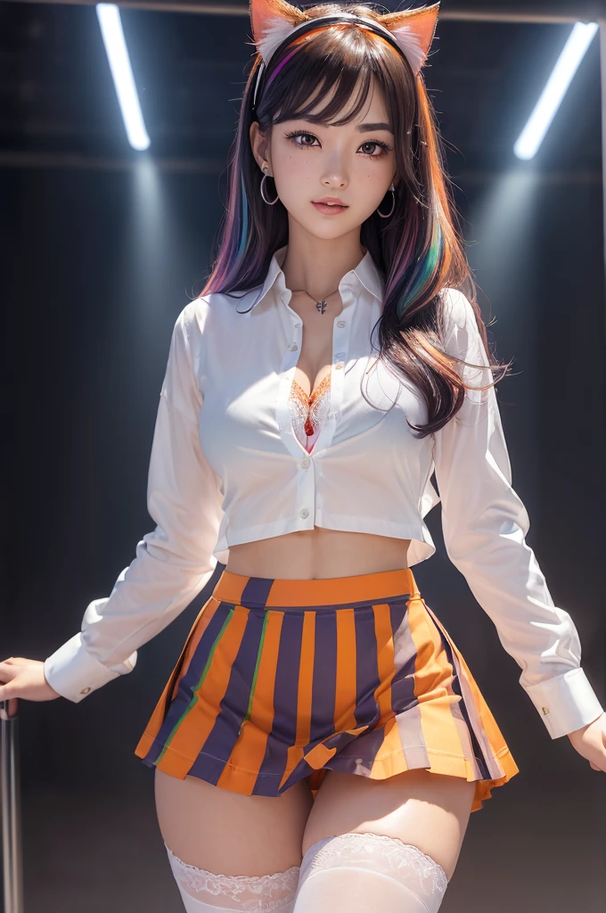 Pretty Asian girl, idol, extremely detailed CG, 8K High Quality, (hyper realistic), Depth of field, Cinematic Light, Lens Flare, Ray tracing, beautiful lips, lots of cute soft freckles, beautiful eyes, intricate detail face, ultra detailed skin, 1girl, beautiful detailed eyes, seductive sharp eyes, (charming smile: 1.2), smooth white skin, in the dark, deep shadow, front shot, face forward, big eyes, ((dark brown eyes)), random position, pale skin, (((flashy rainbow multicolored hair, orange eyebrows))), thin waist, thin legs, very small perky breasts, detailed cleavage, looking at viewer, tattoos, wear low waist tartan skirt, tight top that matches skirt, (wear high thighs stockings with hangers from under her skirt), ((wide gap between thighs:1.6), (full figure:0.9)), hips up, wear cat ears headband, earrings, piercings, navel piercing, jewelry, lots bracelets), ((inside a rave club with people)), (Intense sex appeal of young women), small shoulders, Double Eyelids, very large crotch gap, (micro mini skirt:1.2), makeup, cosplay, ((navy blue school uniform)), (unbuttoned a white (long shirt) revealing red lace bra: 1.3)), breasts pushing against her bra,
An Asian girl, exhibiting idol-like features, emerges from the depths of shadow in an extremely detailed CG Unity 8K wallpaper. Her beautifully sculpted face boasts intricate details, with ultra-detailed skin that appears almost alive