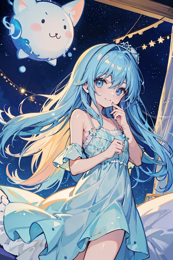 anime movie style,God's shining majesty,light that protects the saints,Cuteness loved by Jesus Christ,smile,
chou kawaii shota,light blue hair,loose long hair,shota wearing light_blue ((tulle cami dress)),light blue night cap,(bed with canopy),