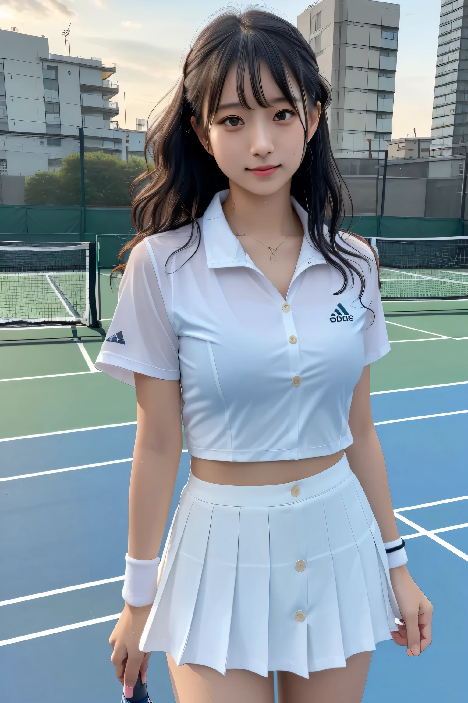 ((Building Rooftop: 1,3)),(table top:1.3), (8K, realistic, Raw photo, highest quality: 1.4), Japanese, (1 girl), beautiful face, (realistic face), (black hair), beautiful hairstyle, realistic eyes, detailed and beautiful eyes, (realistic skin), beautiful skin, Charm, 超A high resolution, surreal, very detailed, golden ratio,1 girl,(18-year-old:1.5),small breasts,japanese girl ,smile,tennis,Tennis wear,insufficient,yonex,wavy hair,(medium hair),Hyper Detail Hair,Photo of Pretty Japanese girls,hair blowing in the wind, confronting,short sleeve、(No bra)(small and beautiful、hard(thin, Damp buttons down shirt length:1.1)、(Rain-soaked tennis wear)、wet body:1.1, (children&#39;s pants) ), (torn skirt:1.1),Tennis court on the roof of a building、Late night lighting、