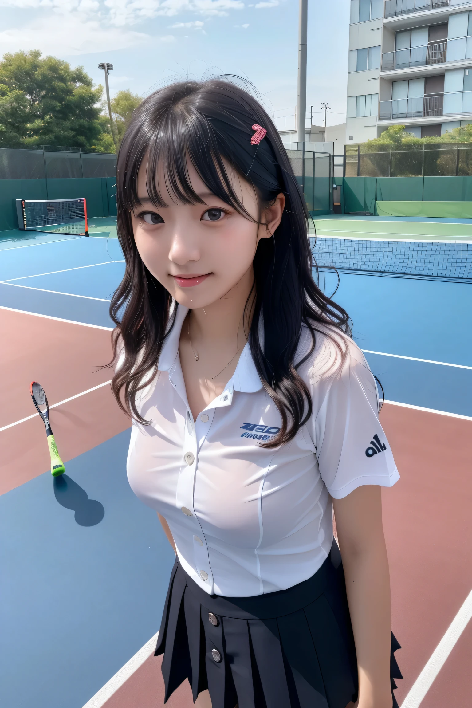 ((Building Rooftop: 1,3)),(table top:1.3), (8K, realistic, Raw photo, highest quality: 1.4), Japanese, (1 girl), beautiful face, (realistic face), (black hair), beautiful hairstyle, realistic eyes, detailed and beautiful eyes, (realistic skin), beautiful skin, Charm, 超A high resolution, surreal, very detailed, golden ratio,1 girl,(18-year-old:1.5),small breasts,japanese girl ,smile,tennis,Tennis wear,insufficient,yonex,wavy hair,(medium hair),Hyper Detail Hair,Photo of Pretty Japanese girls,hair blowing in the wind, confronting,short sleeve、(No bra)(small and beautiful、hard(thin, Damp buttons down shirt length:1.1)、(Rain-soaked tennis wear)、wet body:1.1, (children's pants) ), (torn skirt:1.1),Tennis court on the roof of a building、Late night lighting、