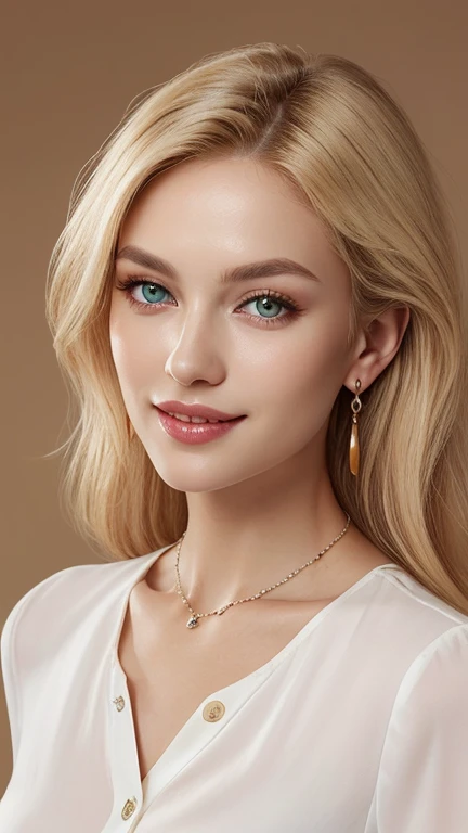 1 29 year old blonde woman with long hair posing for a picture, Beautiful blonde woman, beautiful blonde woman, Charming big smile, Beautiful, well-cared for blonde, 8K Soft Portrait, Smooth blond woman, (Slim figure top model), breast enhancement, (Blonde Swedish woman), (Blonde eyebrows), Glossy long blonde hair, (amber color eyes brillantes:1.1), (pupils are open), (Thick lips), (A photo from the chest up), (A person in the center left and right, The whole head is shown:1.2), (White button blouse:1.3), (A very simple necklace and very simple earrings), Perfect Makeup