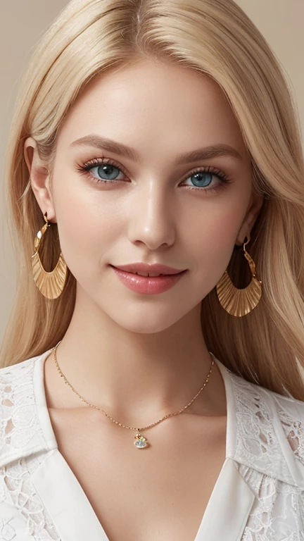 1 29 year old blonde woman with long hair posing for a picture, Beautiful blonde woman, beautiful blonde woman, Charming big smile, Beautiful, well-cared for blonde, 8K Soft Portrait, Smooth blond woman, (Slim figure top model), breast enhancement, (Blonde Swedish woman), (Blonde eyebrows), Glossy long blonde hair, (amber color eyes brillantes:1.1), (pupils are open), (Thick lips), (A photo from the chest up), (A person in the center left and right, The whole head is shown:1.2), (White button blouse:1.3), (A very simple necklace and very simple earrings), Perfect Makeup