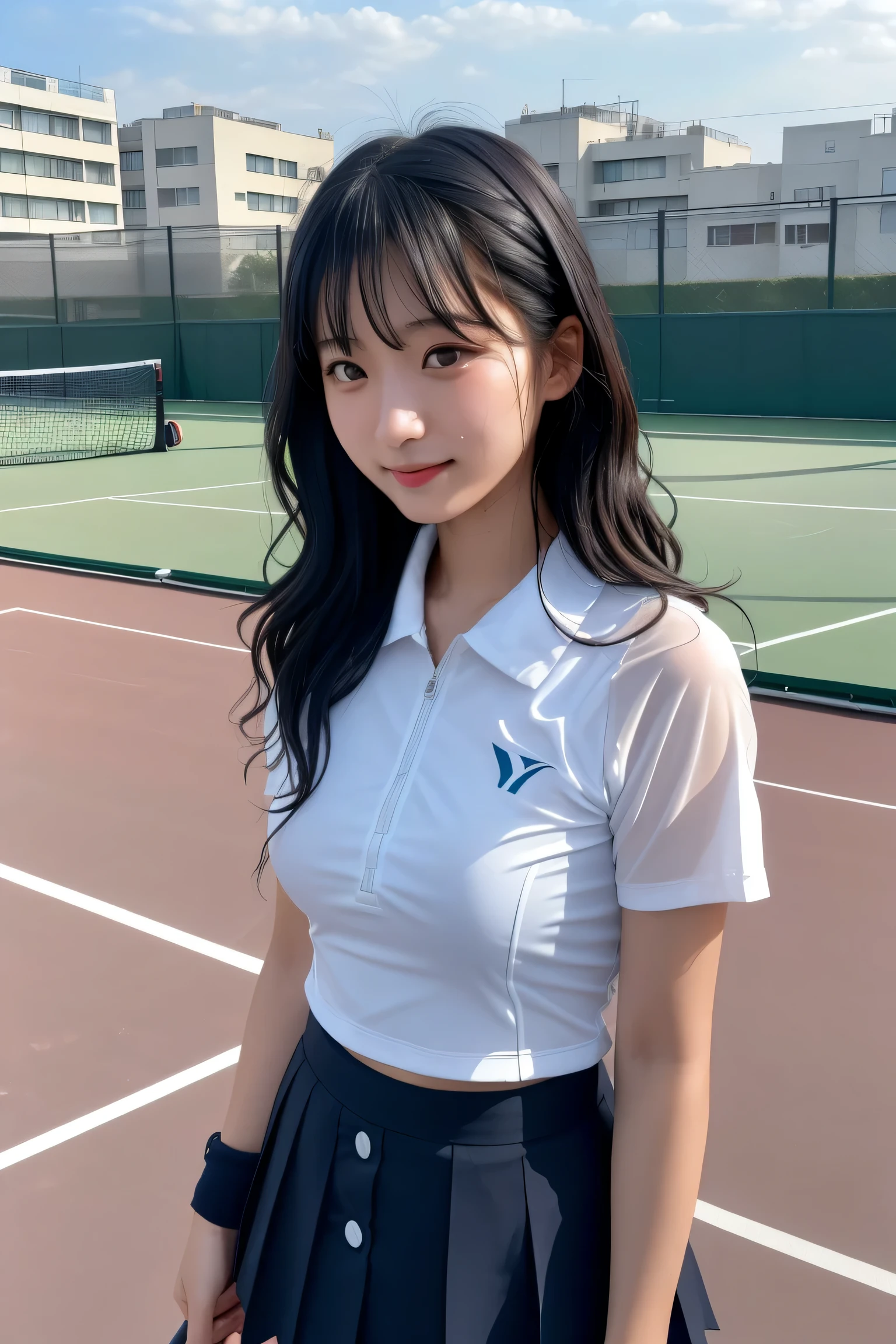 ((Building Rooftop: 1,3)),(table top:1.3), (8K, realistic, Raw photo, highest quality: 1.4), Japanese, (1 girl), beautiful face, (realistic face), (black hair), beautiful hairstyle, realistic eyes, detailed and beautiful eyes, (realistic skin), beautiful skin, Charm, 超A high resolution, surreal, very detailed, golden ratio,1 girl,(18-year-old:1.5),small breasts,japanese girl ,smile,tennis,Tennis wear,insufficient,yonex,wavy hair,(medium hair),Hyper Detail Hair,Photo of Pretty Japanese girls,hair blowing in the wind, confronting,short sleeve、(No bra)(small and beautiful、hard(thin, Damp buttons down shirt length:1.1)、(Rain-soaked tennis wear)、wet body:1.1, (children&#39;s pants) ), (torn skirt:1.1),Tennis court on the roof of a building、Late night lighting、