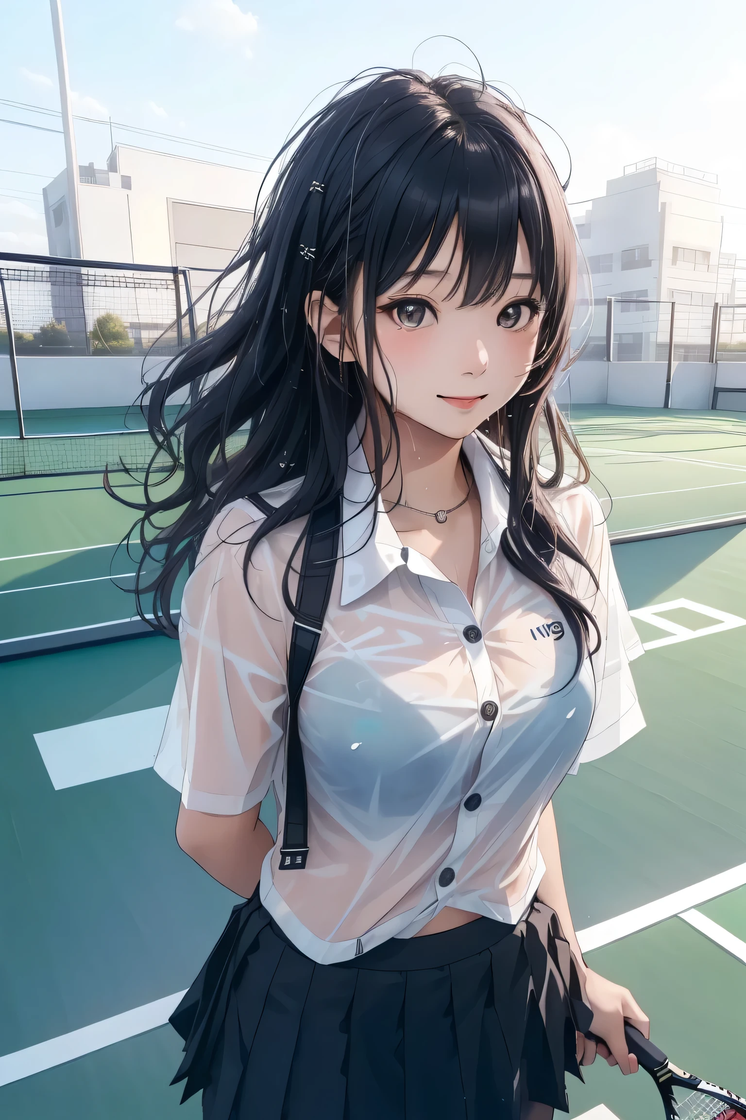 ((Building Rooftop: 1,3)),(table top:1.3), (8K, realistic, Raw photo, highest quality: 1.4), Japanese, (1 girl), beautiful face, (realistic face), (black hair), beautiful hairstyle, realistic eyes, detailed and beautiful eyes, (realistic skin), beautiful skin, Charm, 超A high resolution, surreal, very detailed, golden ratio,1 girl,(18-year-old:1.5),small breasts,japanese girl ,smile,tennis,Tennis wear,insufficient,yonex,wavy hair,(medium hair),Hyper Detail Hair,Photo of Pretty Japanese girls,hair blowing in the wind, confronting,short sleeve、(No bra)(small and beautiful、hard(thin, Damp buttons down shirt length:1.1)、(Rain-soaked tennis wear)、wet body:1.1, (children&#39;s pants) ), (torn skirt:1.1),Tennis court on the roof of a building、Late night lighting、