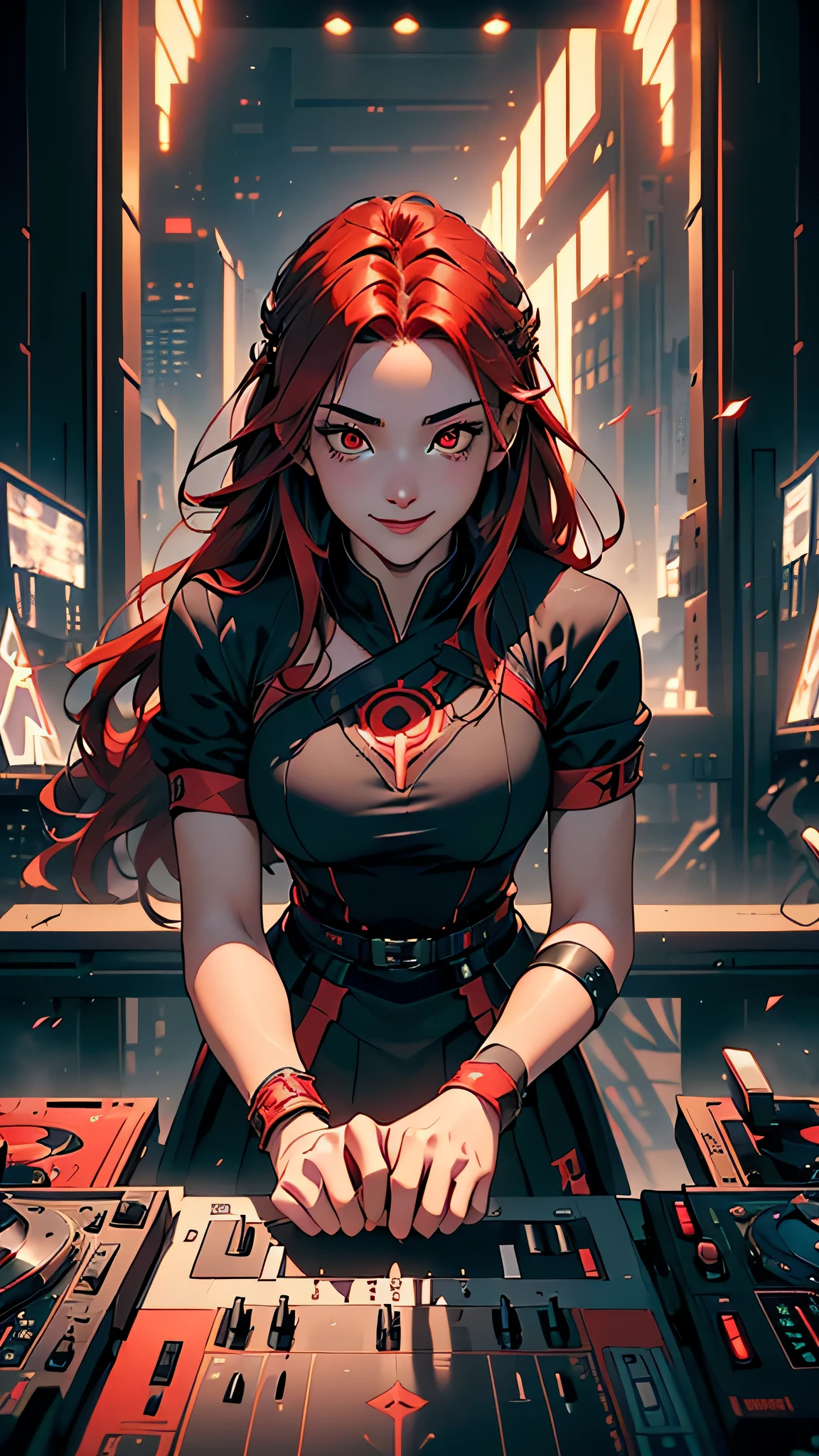最high quality、Best image quality、masterpiece、girl((20-year-old、 By becoming、Best Bust、Medium Bust,Wide open breast tea、red glowing eyes, Black and red hair、Disheveled Hair、Long Hair、thin,The highest valley、Hero Suit、Open chest、White wristband、smile、Leaning forward、hair ornaments、Angle from behind、Lointail、Looking at smartphone、Movement to go up the stage、Sports Cap、Many accessories)),high quality、Beautiful art、background((futuristic city、stage,DJ booth))、Flight、Flying debris、Written boundary depth、movie、Visual Arts、Perfect art、8K,Genuine、