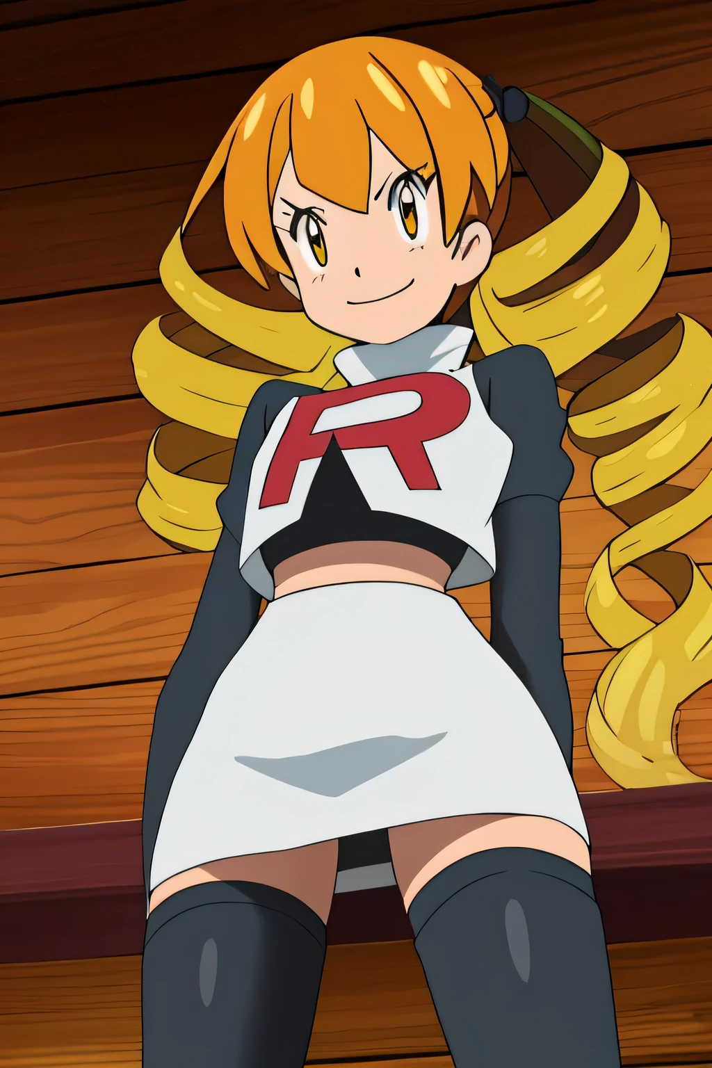 masterpiece,best quality,high res,high quality,8k, masterpiece,highres, team rocket uniform, red letter r, white skirt,white crop top,black thigh-high boots, black elbow gloves, evil smile, looking down at viewer, hands on hips, cowboy shot, zettai ryouiki,spread legs,from below, black panties,anime style, vivid colors, sharp focus, intense lighting,Mariabell Crois,yellow hair, drill hair, twin drills, (long hair:1.1), very long hair,, hair ornament, orange eyes
