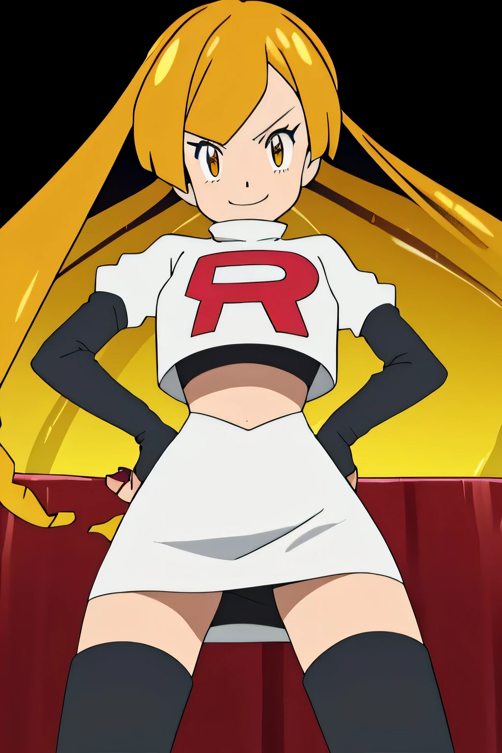 masterpiece,best quality,high res,high quality,8k, masterpiece,highres, team rocket uniform, red letter r, white skirt,white crop top,black thigh-high boots, black elbow gloves, evil smile, looking down at viewer, hands on hips, cowboy shot, zettai ryouiki,spread legs,from below, black panties,anime style, vivid colors, sharp focus, intense lighting,Mariabell Crois,yellow hair, drill hair, twin drills, (long hair:1.1), very long hair,, hair ornament, orange eyes