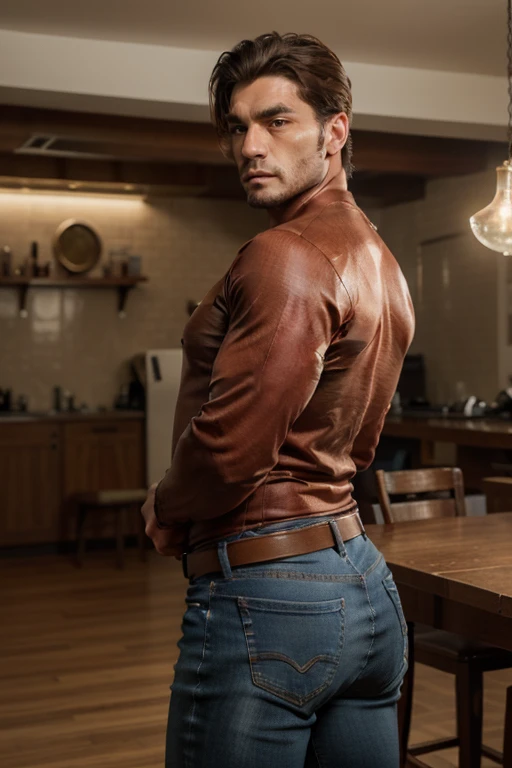 hombre europeo imponente y Big muscular body, Big Bubble butt, called Gaston, crudo y masculino, ((Iconic fitted red shirt)), ((Extraordinarily large bulging biceps)), ((retrato)), ((cara detallada)), ((rasgos faciales distintivos: strong jaw, ojos hundidos)), ((cuerpo peludo y grueso)),, en un ambiente de taller o taberna con poca luz, parado con confianza, ((Colores ricos y alto contraste.)), ((mejor calidad: 16:9 ultra high definition)), ((Sharp, high-resolution RE: 8k)), ((hombre)) ((muscular man)), full body, jeans backside backside man