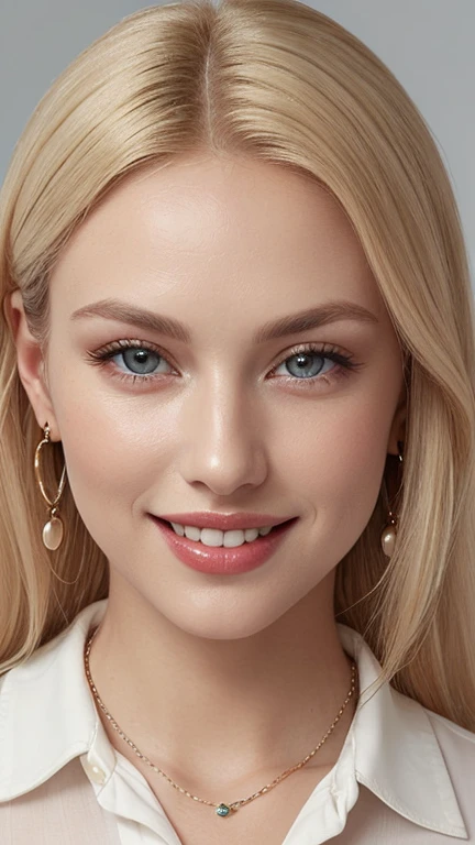 1 29 year old blonde woman with long hair posing for a picture, Beautiful blonde woman, beautiful blonde woman, (Charming big smile), Beautiful, well-cared for blonde, 8K Soft Portrait, Smooth blond woman, (Slim figure top model), breast enhancement, (Blonde Swedish woman), (Blonde eyebrows), Glossy long blonde hair, (amber color eyes brillantes:1.1), (pupils are open), (Thick lips), (A photo from the chest up), (A person in the center left and right, The whole head is shown:1.3), (White buttoned collared blouse:1.3), (A very simple necklace and very simple earrings), Perfect Makeup