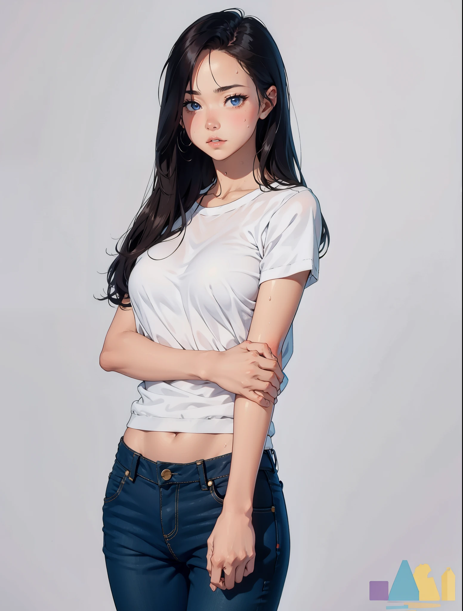 girl, sweat, medium breast, shy, detailed hand, looking at viewer, lips apart, dynamic shadows