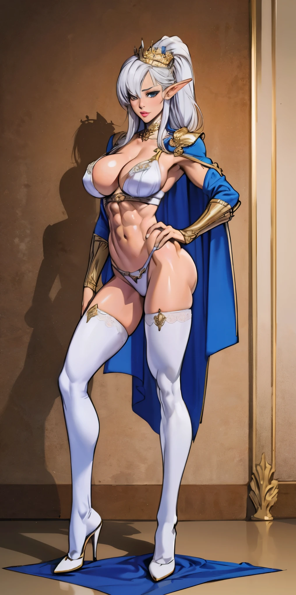 extremely long hair , ponytail, perfect anatomy 1 girl tall solo, slim thick, ((muscular)) high elf toned body, silver breast plate, blue cape, slender abs, hourglass waist, detailed face, defined cheekbones, puffy lips, gauntlets, gold crown, shadow over eyes, looking at viewer, masterpiece, white thigh highs lingerie, high heels