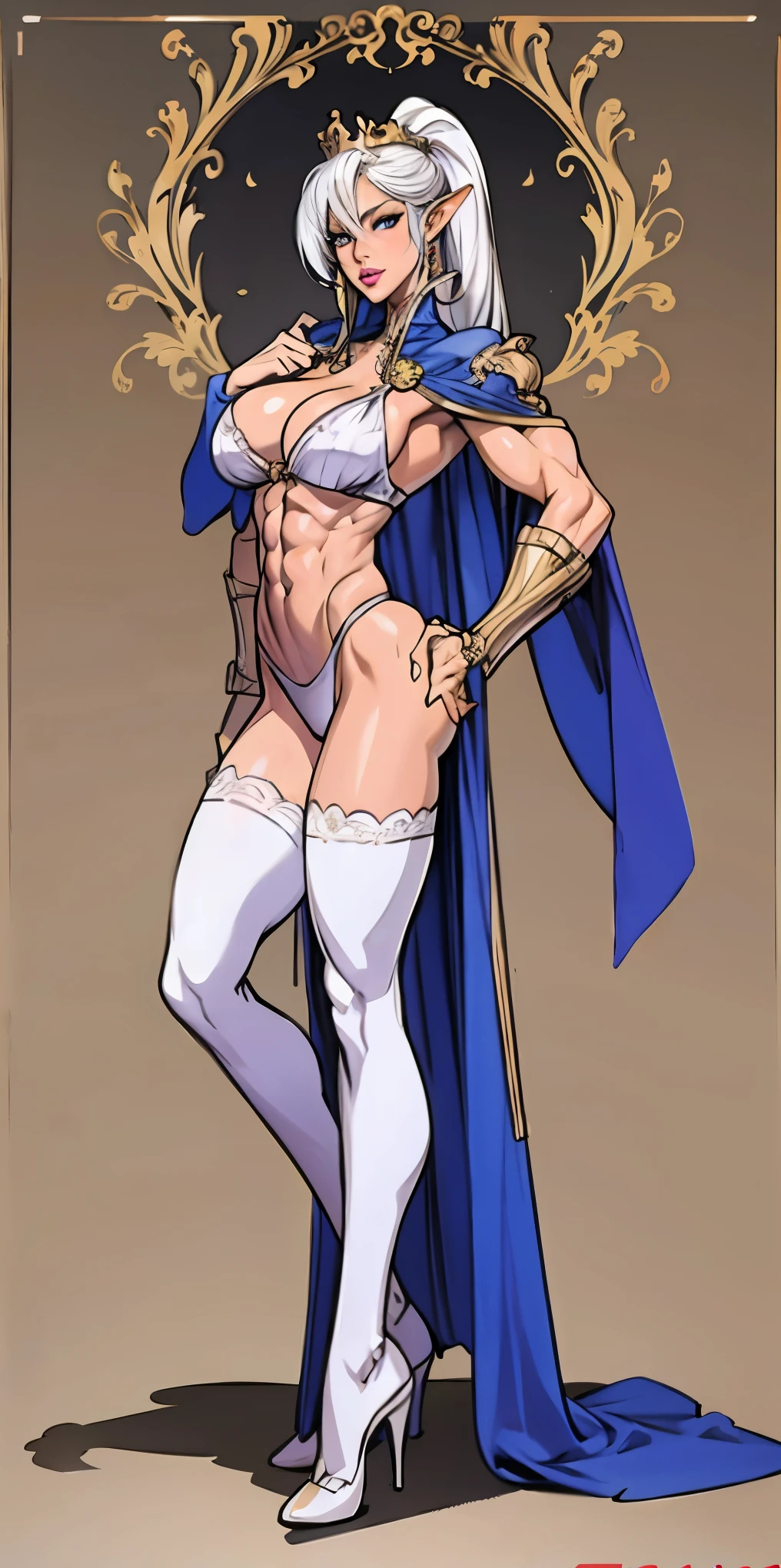 extremely long hair , ponytail, perfect anatomy 1 girl tall solo, slim thick, ((muscular)) high elf toned body, silver breast plate, blue cape, slender abs, hourglass waist, detailed face, defined cheekbones, puffy lips, gauntlets, gold crown, shadow over eyes, looking at viewer, masterpiece, white thigh highs lingerie, high heels
