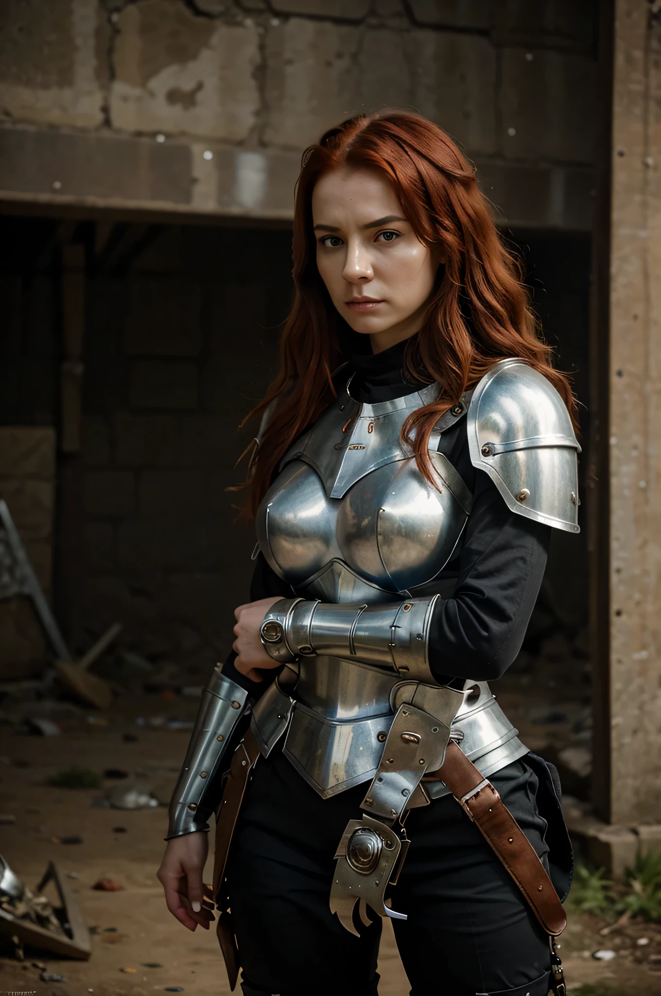 A woman with flowing red hair gazes forward, adorned in a medieval knight's armor, consisting of a breastplate, pants, and boots. Her face contorts in anger, her eyes piercing through the chaos of battle. The background depicts a war-torn landscape, blurred to enhance the intensity of the scene. The composition exudes intricate details and extreme quality, capturing the essence of conflict and determination. Additionally, her bust is substantial, adding to her commanding presence."