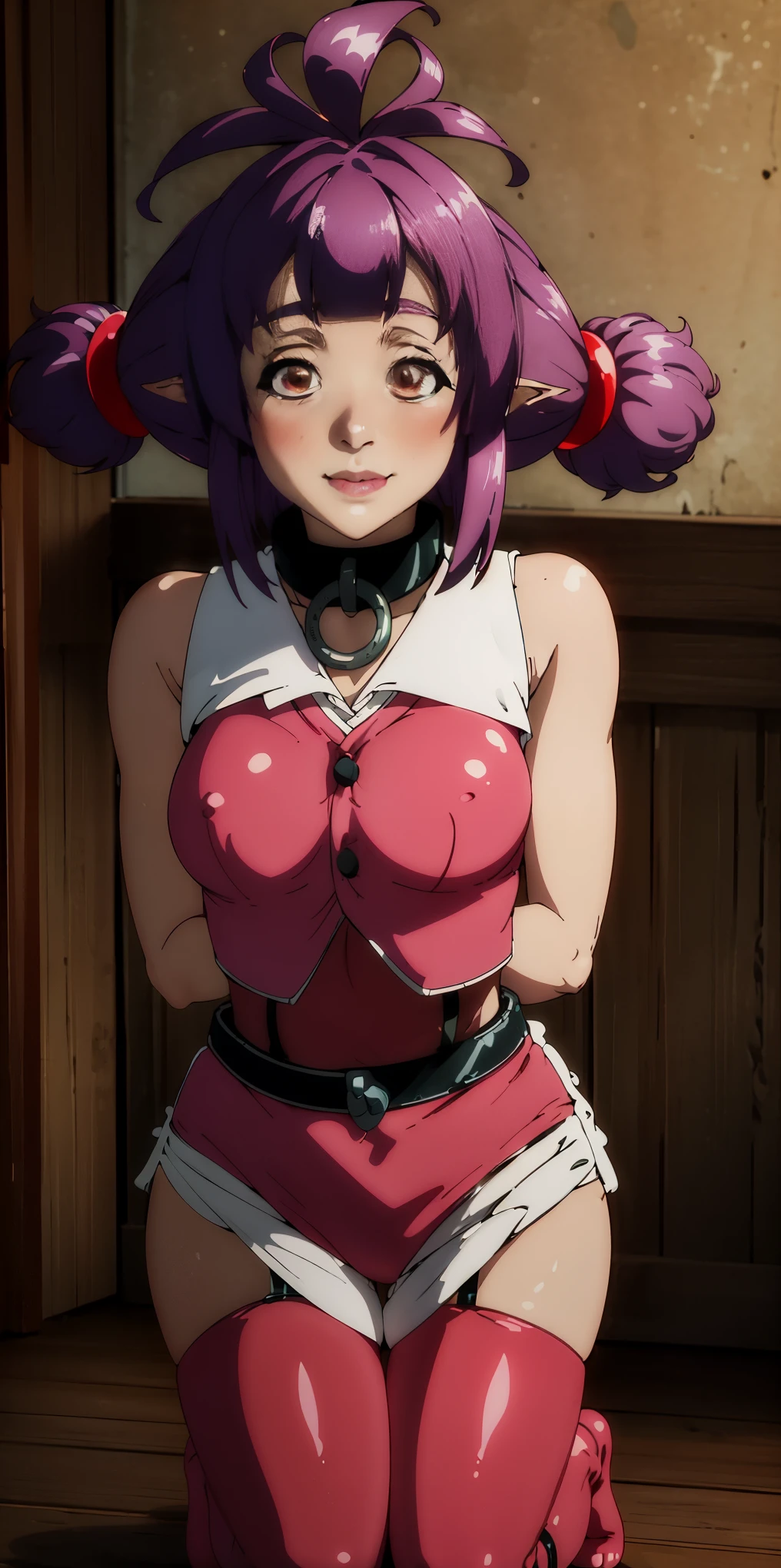 Latex girl lustful smirking smile red blush red cheeks, chain leash, hands behind the head, kneeling, shackles, leather black collar slave, pigtail hair