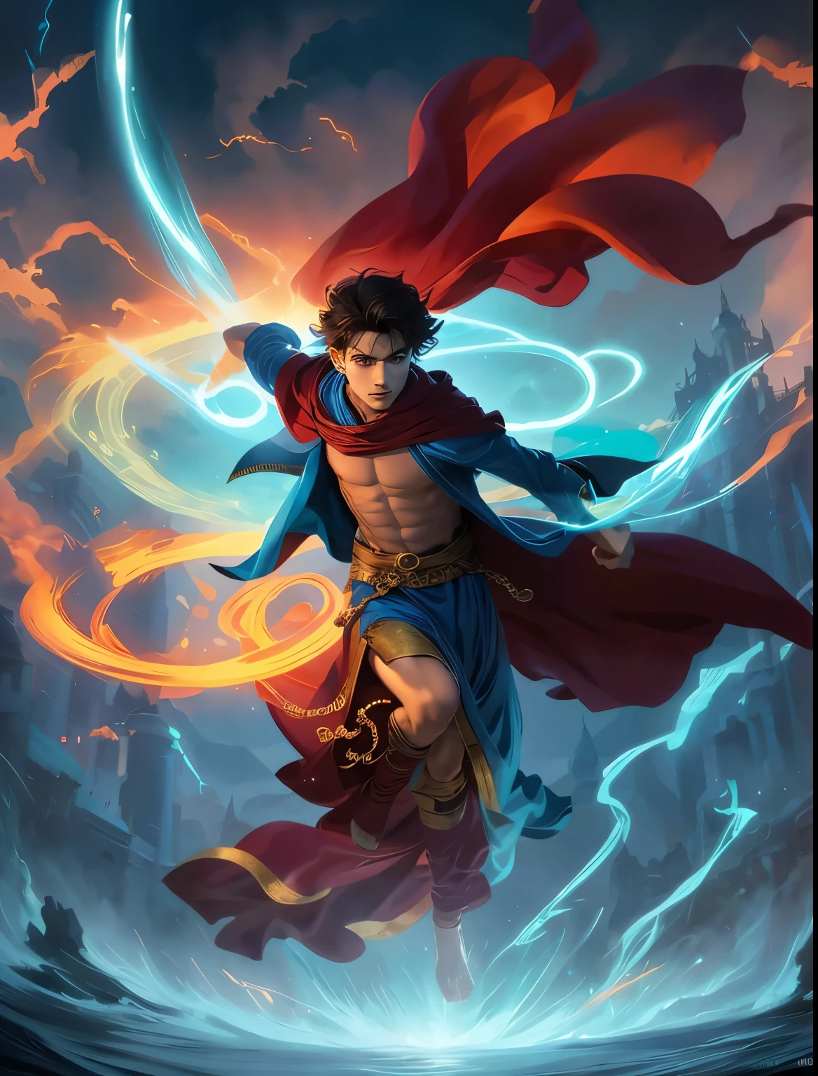an image portraying the binding of the Jinn. huge genie susspended in mid air, Hero young boy man in robes and maroon cape whip tying th Jinn furiously, double exposure, 34k resolution, A supernatural creature who does one's bidding when summoned, A jinni, jinnee