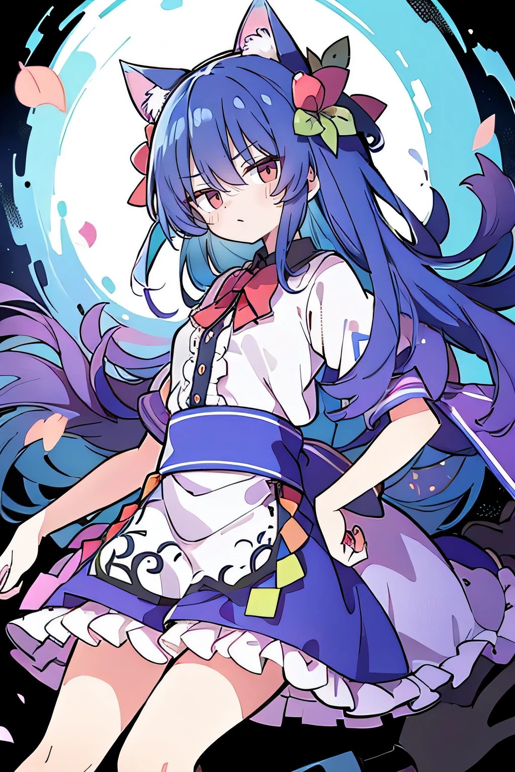 (masterpiece),best quality, expressive eyes, perfect face, 1girl,
 Put your hands on your waist,fair, Gorgeous,Japanese cartoons,girl,lola,Hina Angel, blue hair, blue haired, floating clothes,Grab your waist, Grab your waist, hands on hips , hands on hips,sit, sit on ground, Legs on the ground, flat chest,cat ears,Petals fall,red eyes,gentle face,