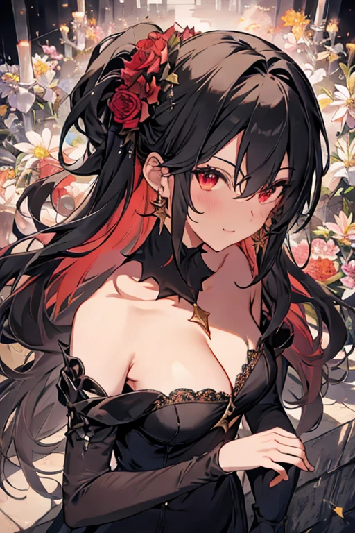 yor briar, anime style beutiful woman, 1girl, happy, sexy pause,(with sparkling eyes and a contagious smile:0.9),red face, closed mouth, beautiful detailed eyes, super detailed skin, backlighting, bare shoulders, black background, black dress, black gloves, black hair, breasts, dress, earrings, fingerless gloves, floating hair, floral print, flower, gloves, gold earrings, gold hairband, hair flower, hair ornament, hairband, holding, holding weapon, jewelry, large breasts, long hair, looking at viewer, off-shoulder dress, off shoulder,red eyes, short hair with long locks, sidelocks, solo, spikes, thighs, two-sided dress, two-sided fabric, weapon, fighting stance , face, close up, from above, highest quality, looking at viewer,high resolution.