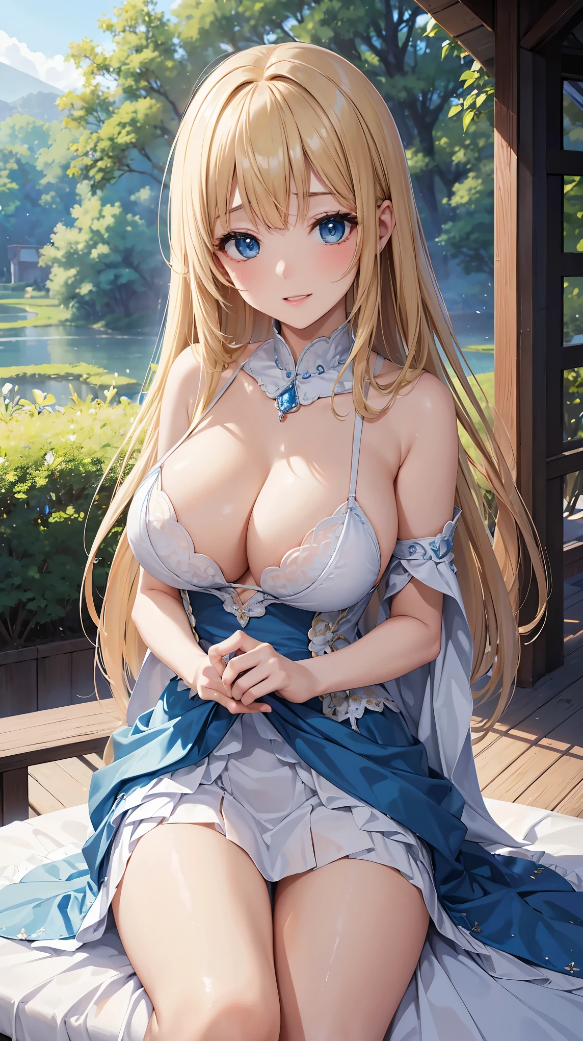 ((highest quality、High resolution))、Portrait、A beautiful woman、Perfect body、beautiful ample breasts、Long blonde、bangs、Blue and white、Embellished blue sexy dress、skirt、a sexually excited look、I'm inviting you to have sex、Outdoor Scenery