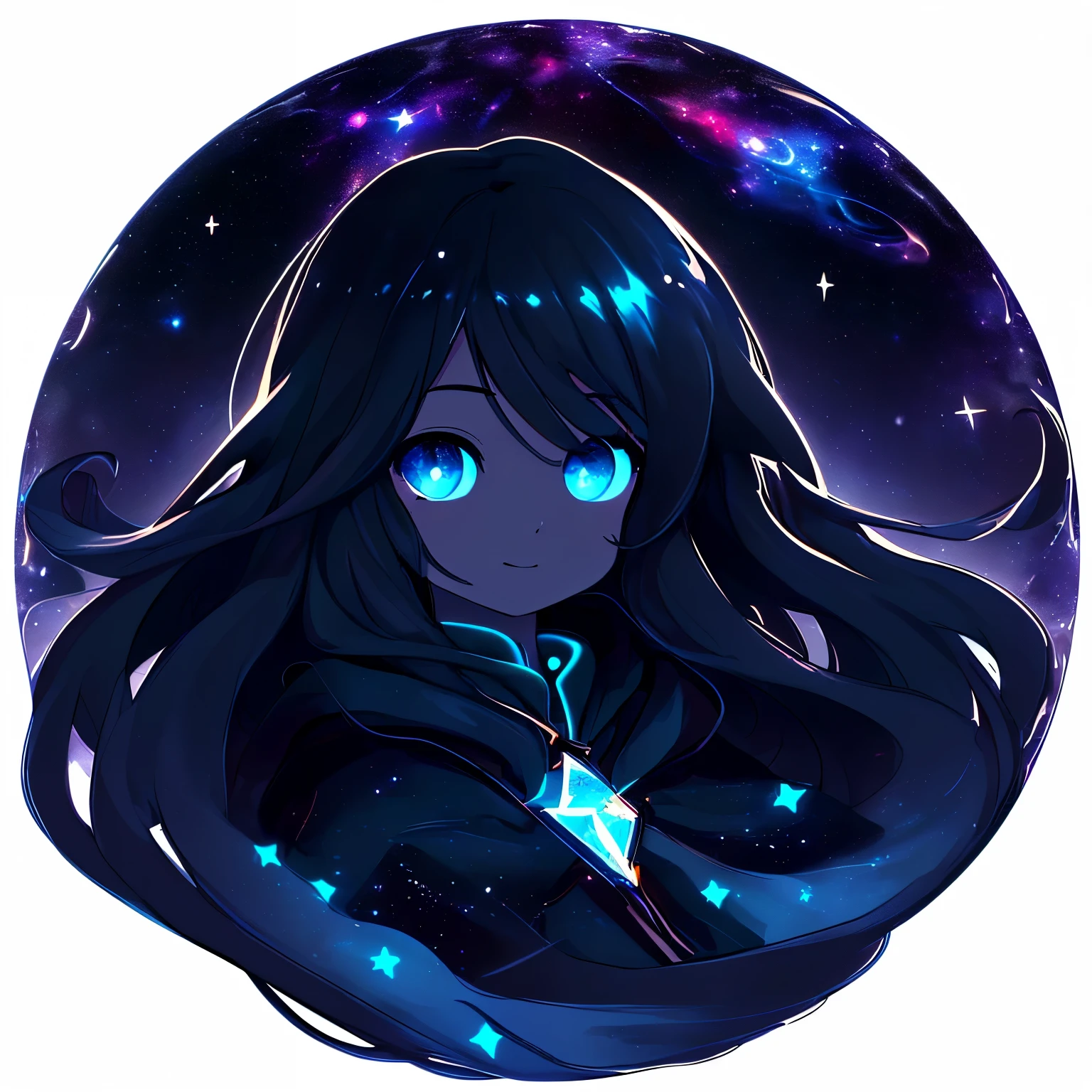 (high-quality, breathtaking),(expressive eyes, perfect face) portrait, 1boy, male, solo, ???, Symmetrical Eyes, age 10, cyan color eyes, long hair length, soft flowy hair, soft smile, side bangs, looking at viewer, happy expression, black hair color, dark celestial skin body, void cosmic body, jet black skin, black blackground, space background, galaxy background, stars, constellations, starry sky, hair with scenery reflection, fantasy clothing, cloak, tunic, stars on skin

