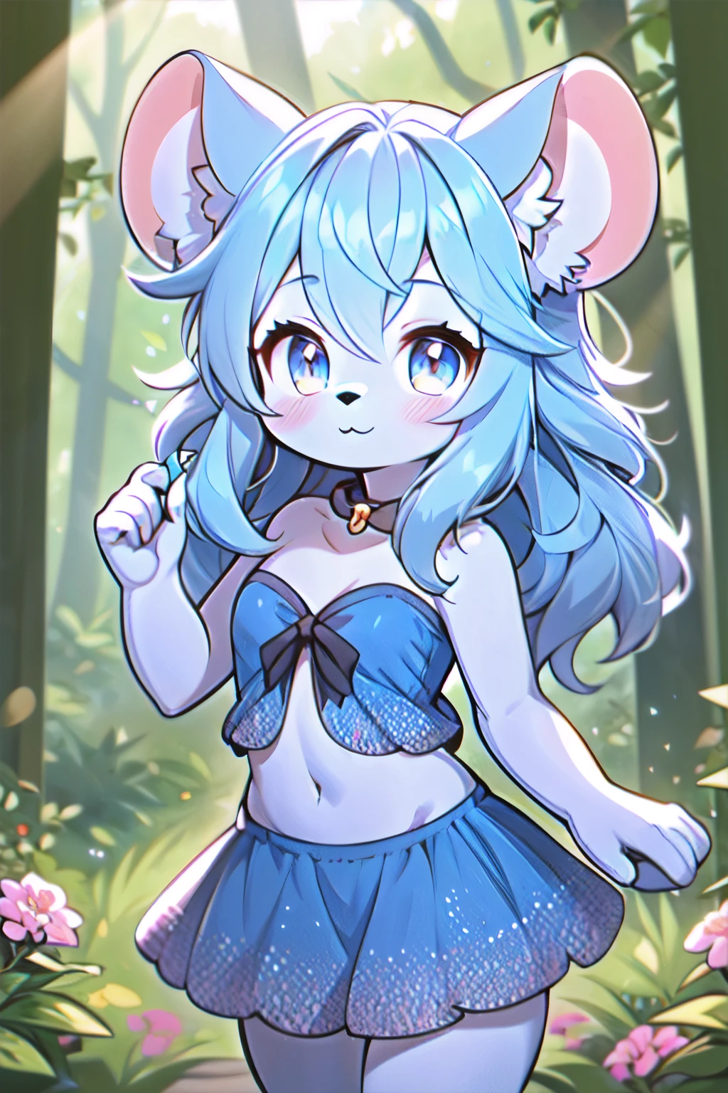 furry,cute girl,chibi,mouse ears,blue hair, blue dress,sleveless,strapless,midriff,white skin,in forest,looking at viewer,smile,closed mouth,flowers,slightly above,