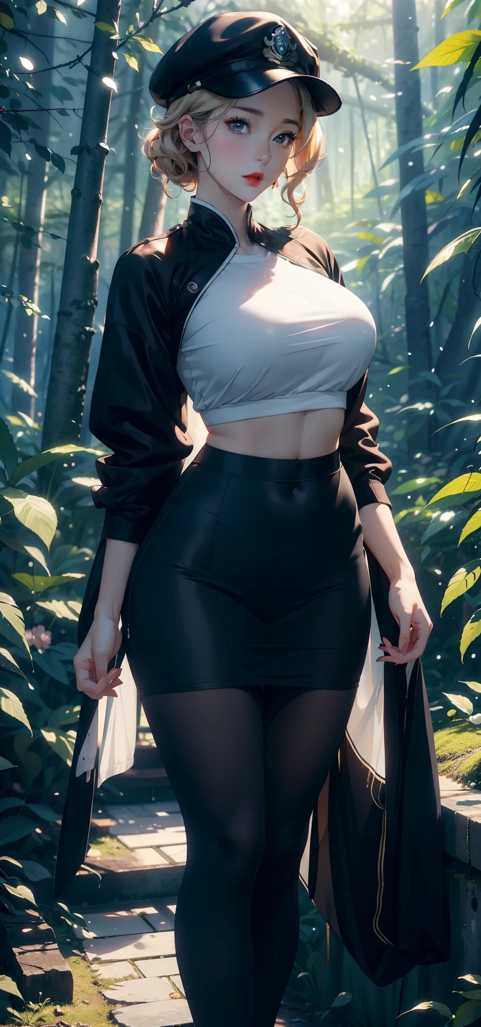1 female,35 years old,Slim,Very large ,Big breasts and thin waist,Long legs, Solitary,(background:,Cherry blossom forest,Rainforest)standing in the forest, She has short blonde hair,Front view, curls,Cloudy sky,(((masterpiece),(Very detailed CG unified 8K wallpaper),best quality,Light,详细background,Beautiful and delicate eyes,Smart pupils,black eyes,Snow-white skin,Red lips(very delicate and beautiful),(Beautiful and detailed description of the eyes),Ultra Detailed,masterpiece,))Facing the camera,high resolution,Ultra Detailed),nude,officer,No underwear,Black leggings,Green baseball jacket,Military cap