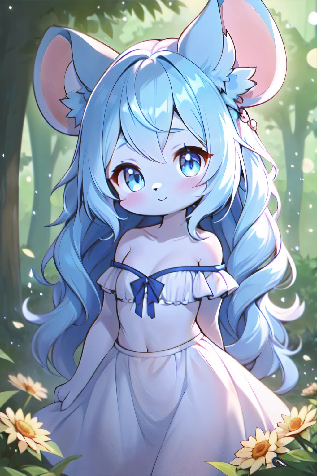 furry,cute girl,chibi,mouse ears,blue hair, blue dress,sleveless,strapless,midriff,white skin,in forest,looking at viewer,smile,closed mouth,flowers,slightly above,