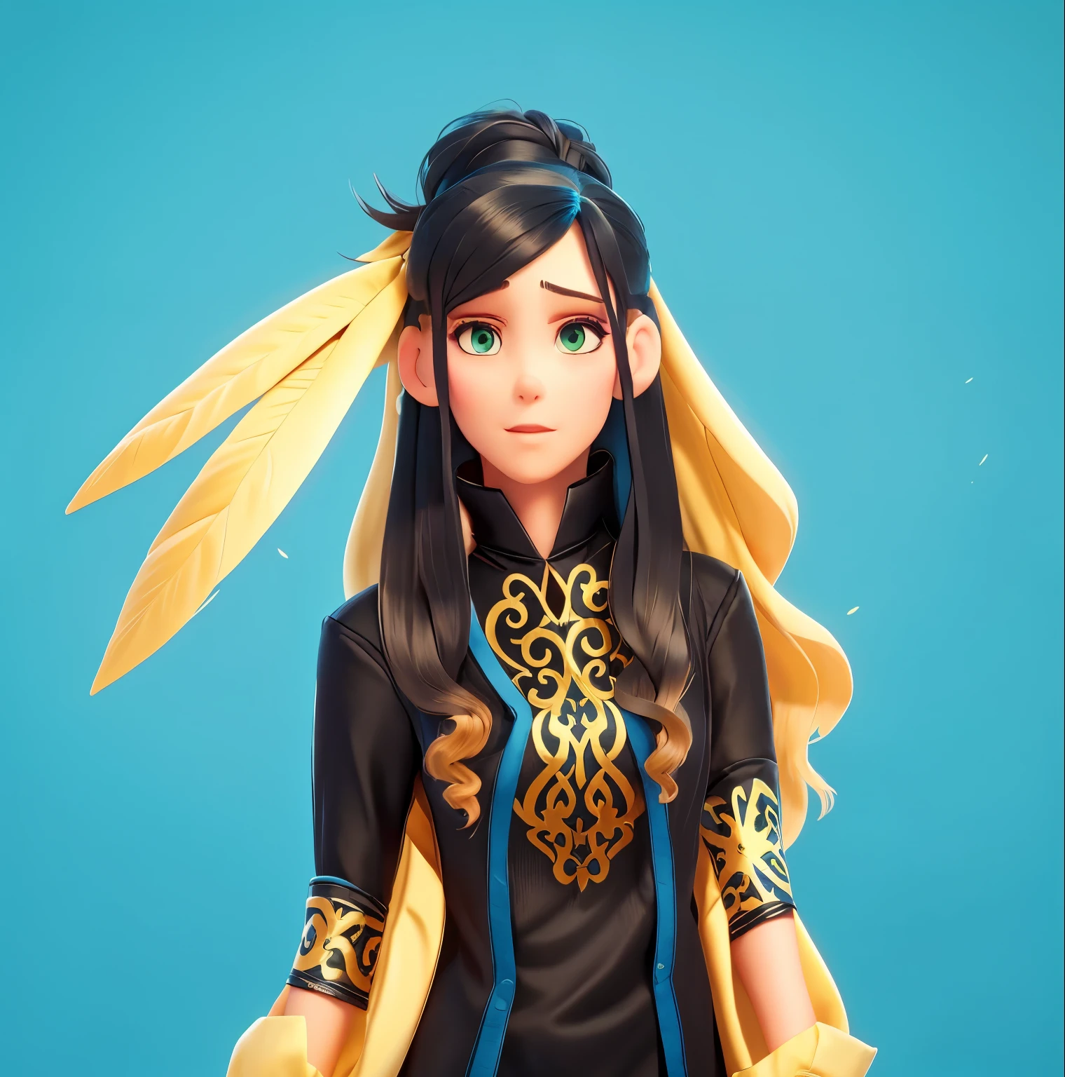 a beautiful woman, long wavy hair, hair bun, dark hair, wearing headset, tucking big bird feathers on her hair, long sleeve, ((black blouse with beautiful motive)), black blouse with blue and yellow decoration