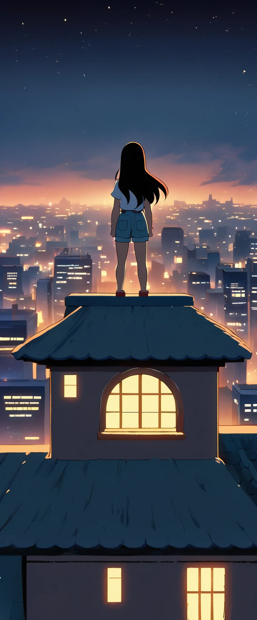 (Ghibli style:1.5)，1 Woman，(Long hair、Short sleeve、shorts），Background city night， Standing on the roof， Brave people