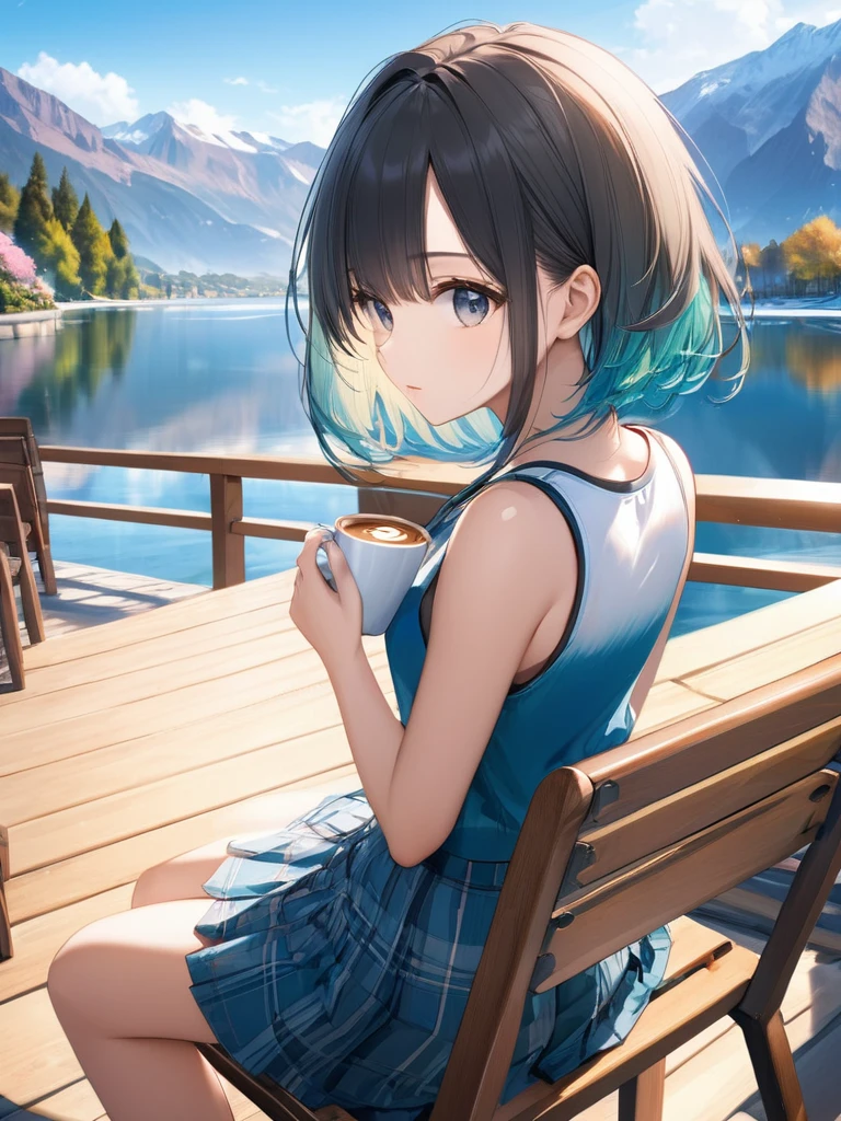 (masterpiece:1.2)), (best quality),(ultra detailed),(extremely detailed),(absolutely resolution) ,absurdres,8k, 1girl-drinking-hot-coffee-in-cafeteria-outdoor,sitting-on-the-woody-chair, open-terrace, beautiful-landscape-background, mountain, shinny-lake, flowers, cake, 
BREAK, (looking-away:1.4), ultra detailed eyes, bobcut, (gradation hair:1.3), tanktops, skirt,