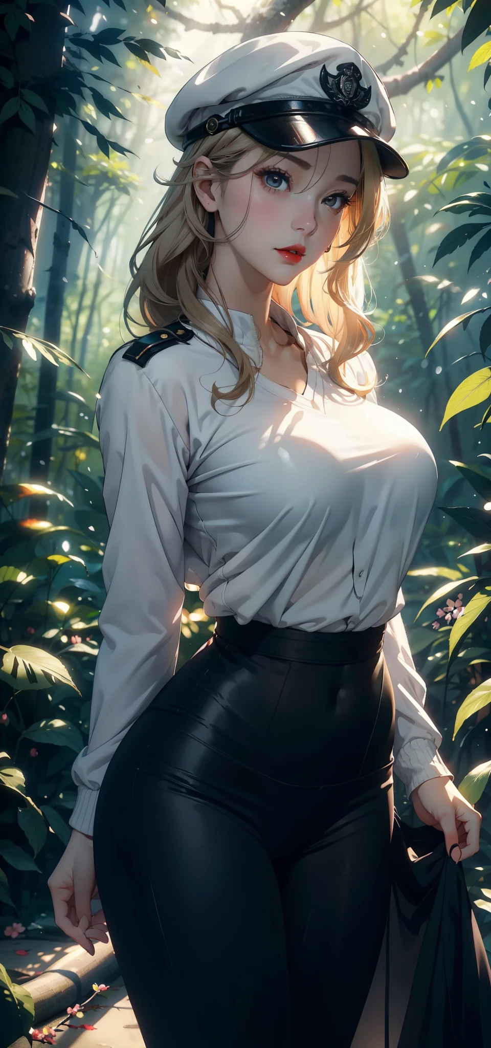 1 female，35 years old，Slim，Very large ，Big breasts and thin waist，Long legs， Solitary，（background：，Cherry blossom forest，Rainforest）standing in the forest， She has short blonde hair，Front view， curls，Cloudy sky，（（（masterpiece），（Very detailed CG unified 8K wallpaper），best quality，Light，详细background，Beautiful and delicate eyes，Smart pupils，black eyes，Snow-white skin，Red lips（very delicate and beautiful），（Beautiful and detailed description of the eyes），Ultra Detailed，masterpiece，））Facing the camera，high resolution，Ultra Detailed），nude，officer，No underwear，Black leggings，Green baseball jacket，Military cap