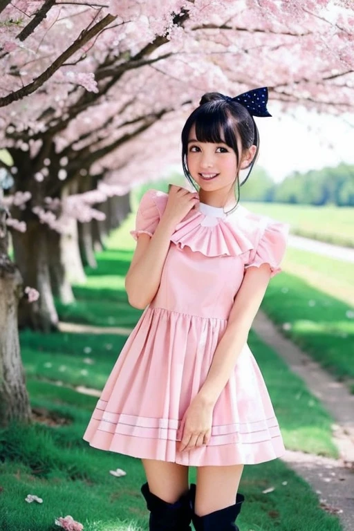 Japanese Pointy-eared fairy mature lady Pink ruffle dress cute Pink knee high boots