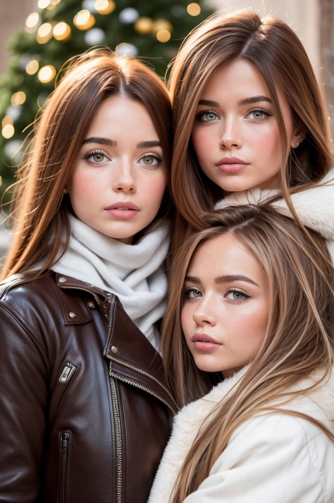Professional photograph, best quality, 8K, hyper detailed, half body, A close up portrait of two gorgeous, beautiful, wonderful women, argentinian and russian females together posing for the camera, both women have super long hair, argentinian girl has brown hair and russian girl has dark blonde hair, the both of them are wearing winter clothing, both girls are wearing leather jackets. Both women are wonderful, dream, ethereal, timeless, majestic beauties from Argentina and Russia, they're glad, smiling and enjoying taking a picture. There are a argentinian and a russian flag at bottom