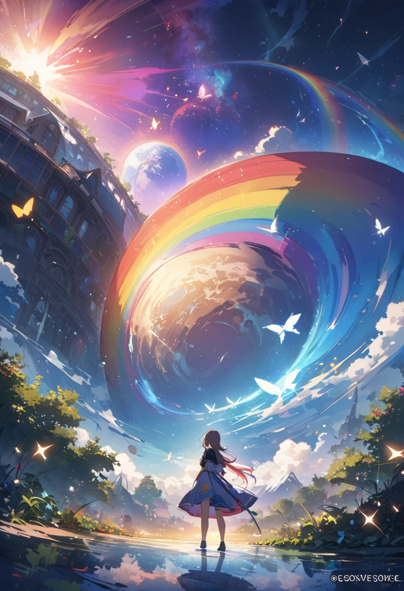 ((Dreamy landscape))、(((Super Rainbow)))、((Rainbow lights continuing into the blue sky、Light color、Bright colors))、(((Little Girl、High Ponytail、Knee socks、Rim Light)))、Pastel Color Spectrum、The heart is transparent、Immersion、The sky is high、The sky is wide、Bright colors、Fantasy Fractal Art、Scheimpflug、High Contrast、masterpiece、Highest quality、Small details、Super beautiful graphics