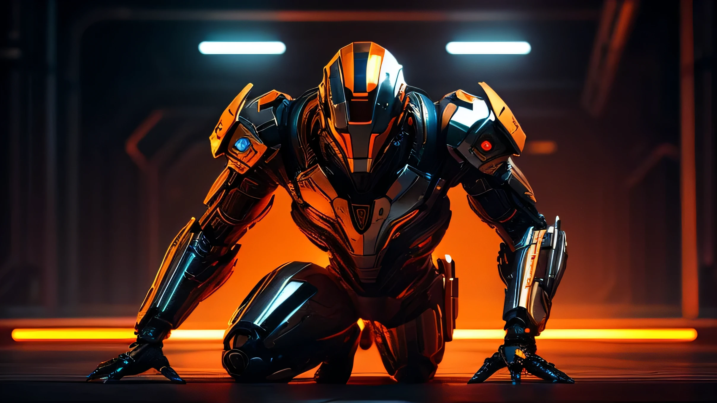 Create a highly detailed, photorealistic HDR image of a character that is a mix of alien and robot, resembling a human cyborg. The character should be depicted from head to toe, occupying a moderate portion of the composition to allow for future side and top visual effects. Design the character with shiny orange chrome and shiny black chrome, giving him a futuristic, mechanical look. Illuminate the character from behind to highlight their features and reinforce their commanding presence, while using a 16:9 aspect ratio to give a cinematic feel to the scene, highlighting the contrast between the bright elements and the dark background. The ground should look like flowing water with strange ripples that create a shiny surface and reflect the image of the cyborg. Include a glitch effect to end with a scatter effect. Add patches of translucent skin to the cyborg, revealing underlying mechanical structures in a semi-transparent way that blends biological and mechanical themes. Incorporate the words 'I was human' in shiny chrome orange, positioned centrally in the image. Finally, add the word 'Skynet' to the upper right corner in the same shiny orange chrome, ensuring that it is clearly visible against the dark background and stylistically suited to the futuristic theme of the image."