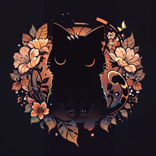  butterfly, flower, Cat, {Dark black background}