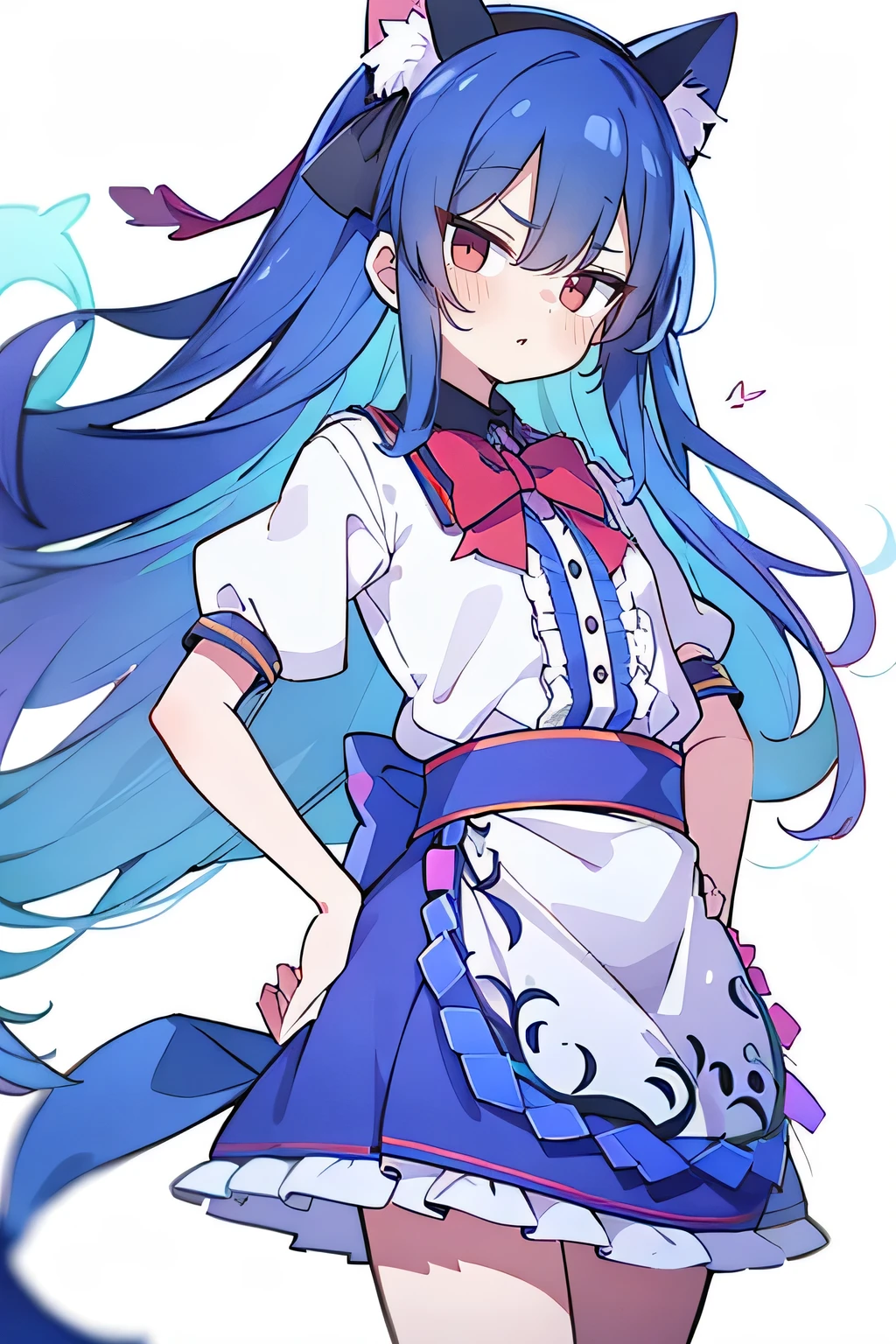 (masterpiece),best quality, expressive eyes, perfect face, 1girl,
Put your hands on your waist,fair, Gorgeous,Japanese cartoons,girl,lola,Hina Angel, blue hair, blue haired, floating clothes,Grab your waist, Grab your waist, hands on hips , hands on hips,sit, sit on ground, Legs on the ground, flat chest,cat ears,Petals fall,red eyes,gentle face,