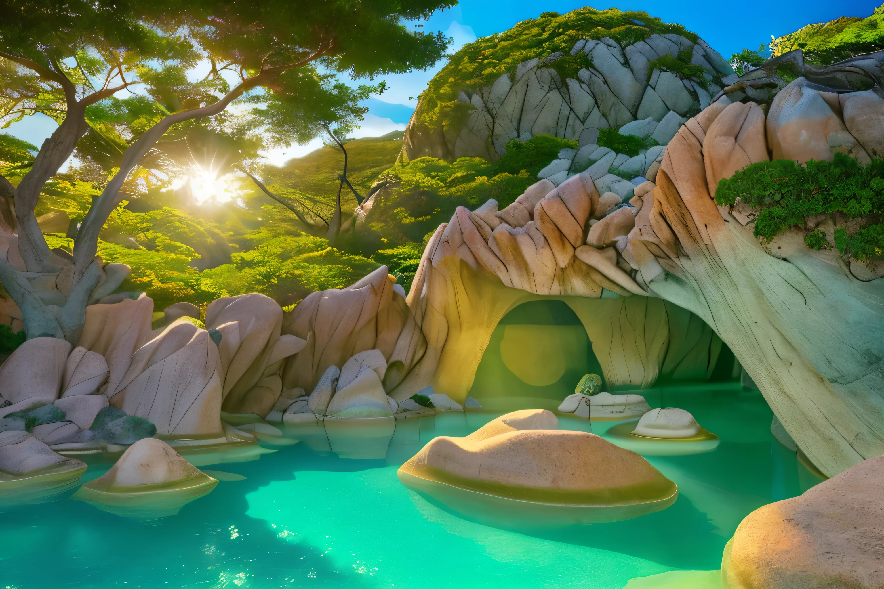The Baths, British Virgin Islands, captured in a stunning photograph, showcases massive granite boulders forming picturesque grottoes and inviting pools. These dramatic natural formations, illuminated by the sun's golden rays, create a mesmerizing play of light and shadows. The crystal-clear waters reveal vibrant marine life, enhancing the ethereal beauty of this pristine destination. The high-resolution image perfectly captures the tranquility and majesty of this hidden gem, inviting viewers to escape into its serene oasis.